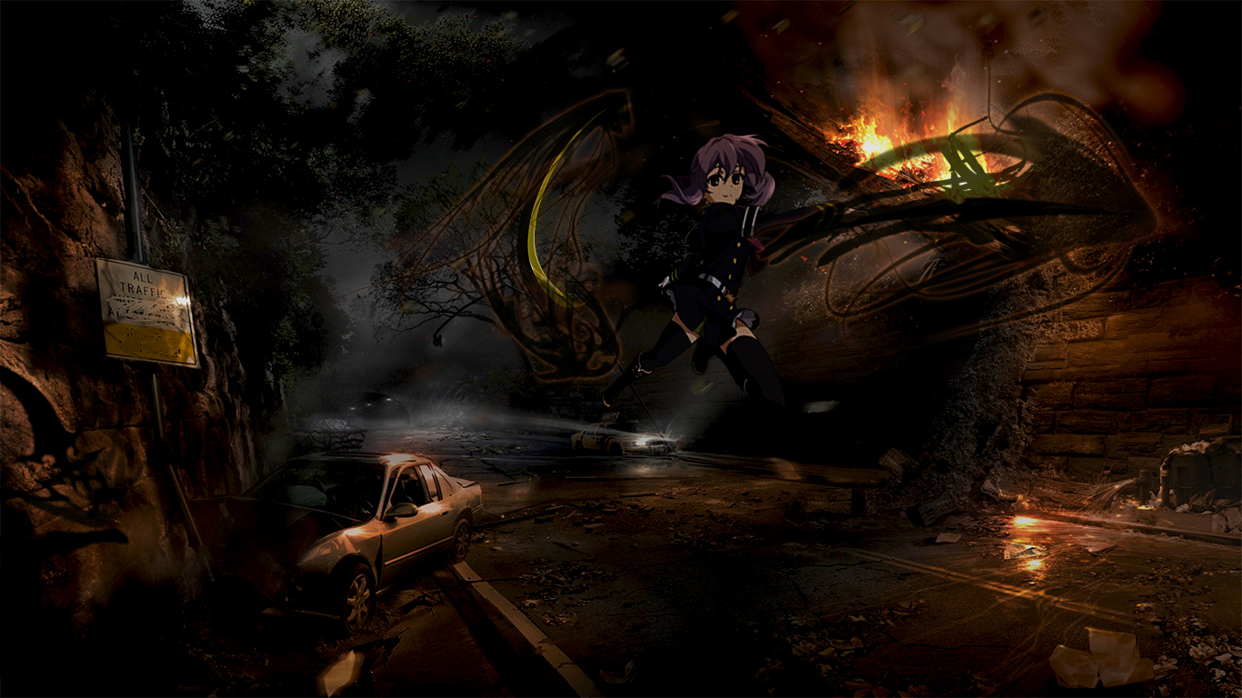 Shinoa Hīragi in a dark, fiery scene HD Wallpaper