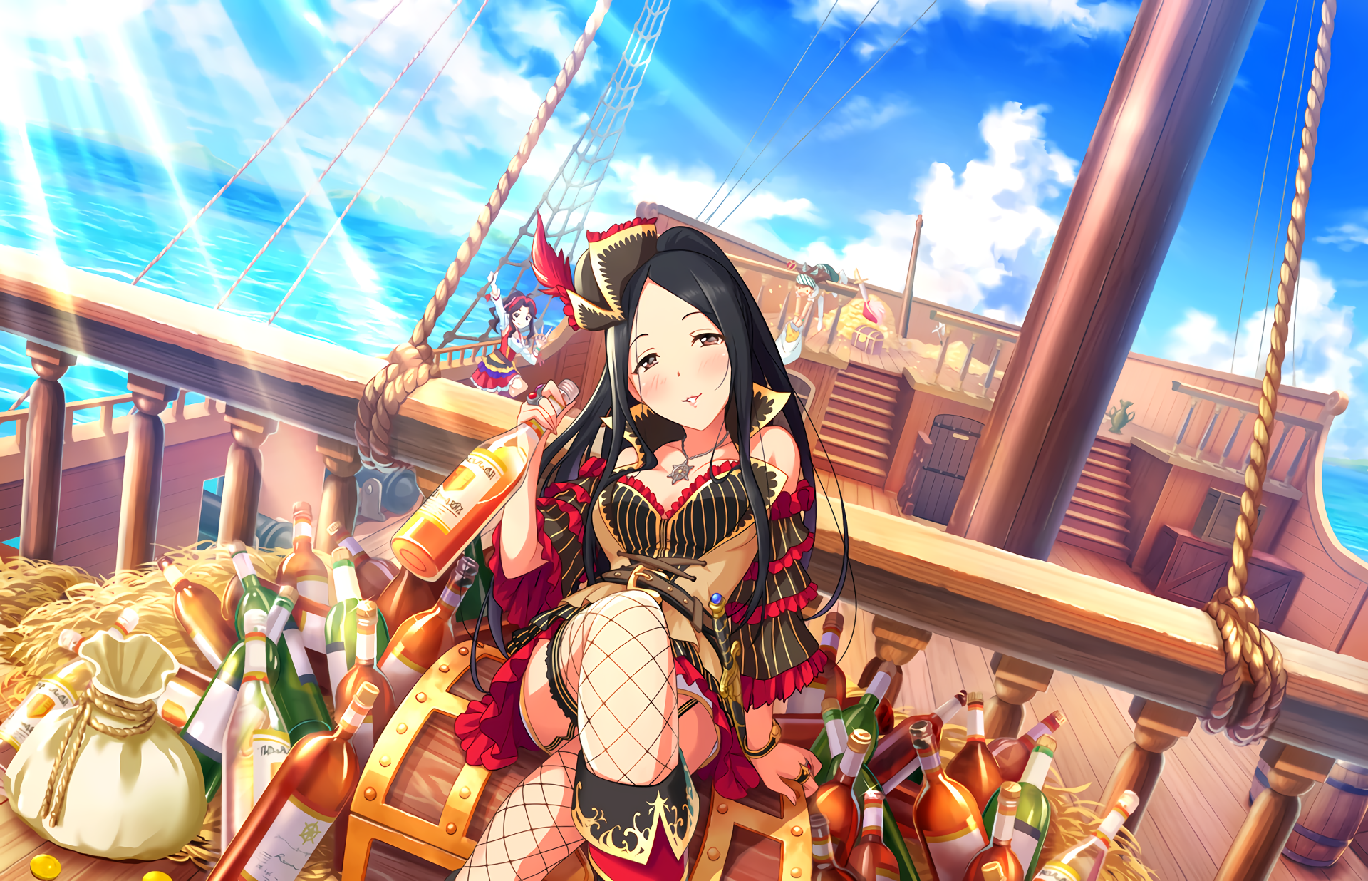Pirate girl with bottles on a ship HD Wallpaper