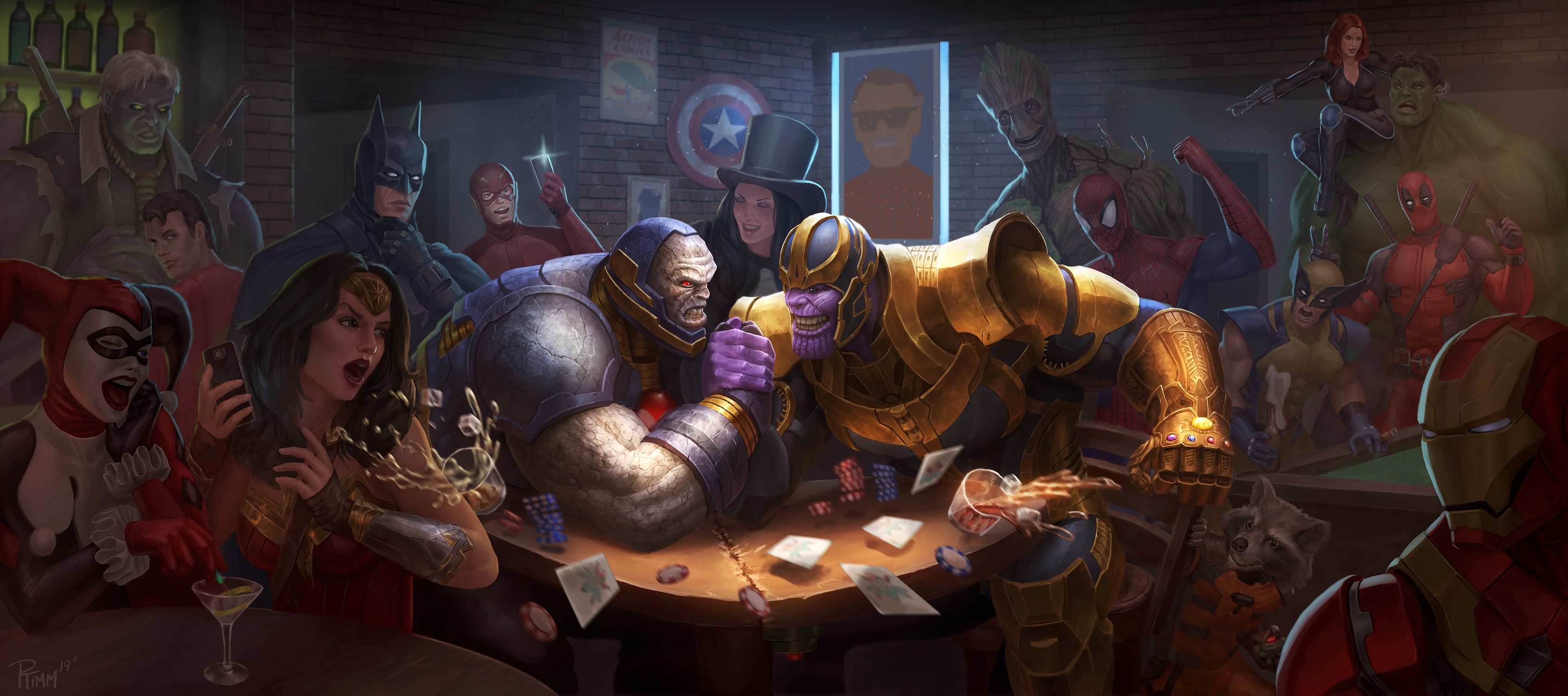 Superheroes and Villains Arm Wrestling at a Bar HD Wallpaper