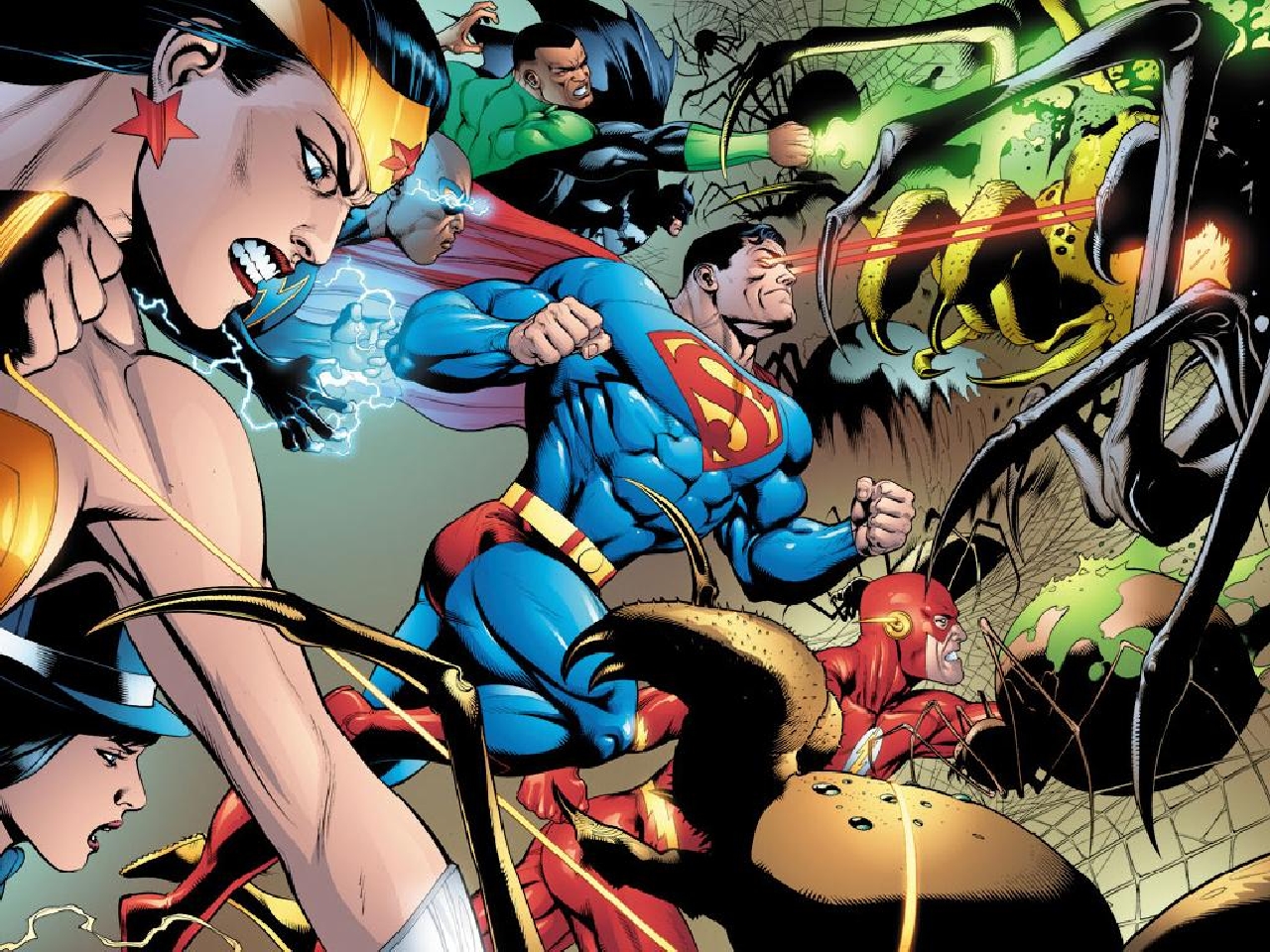 Justice League fighting giant spiders HD Wallpaper