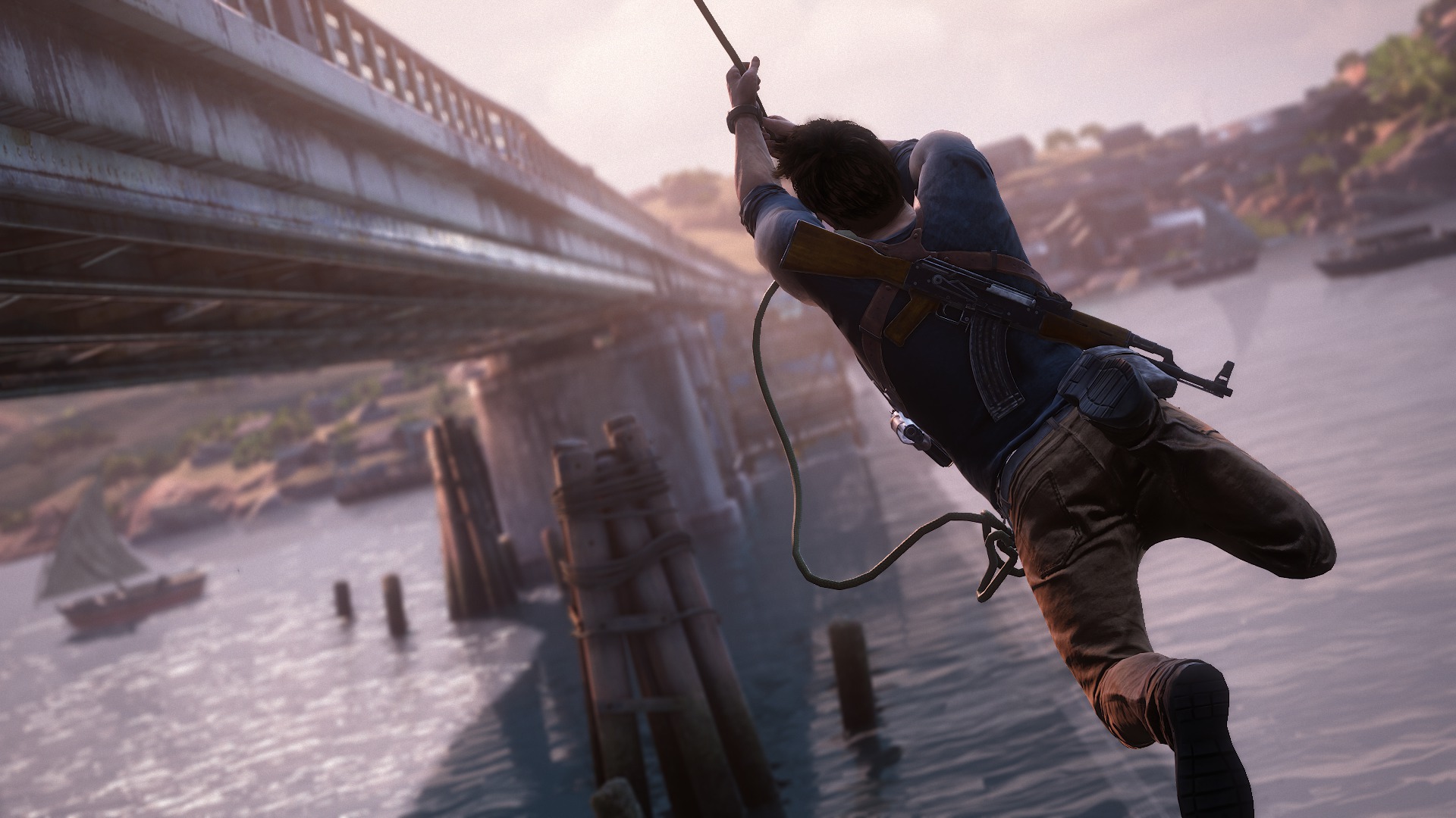 Nathan Drake from Uncharted swinging on a rope HD Wallpaper