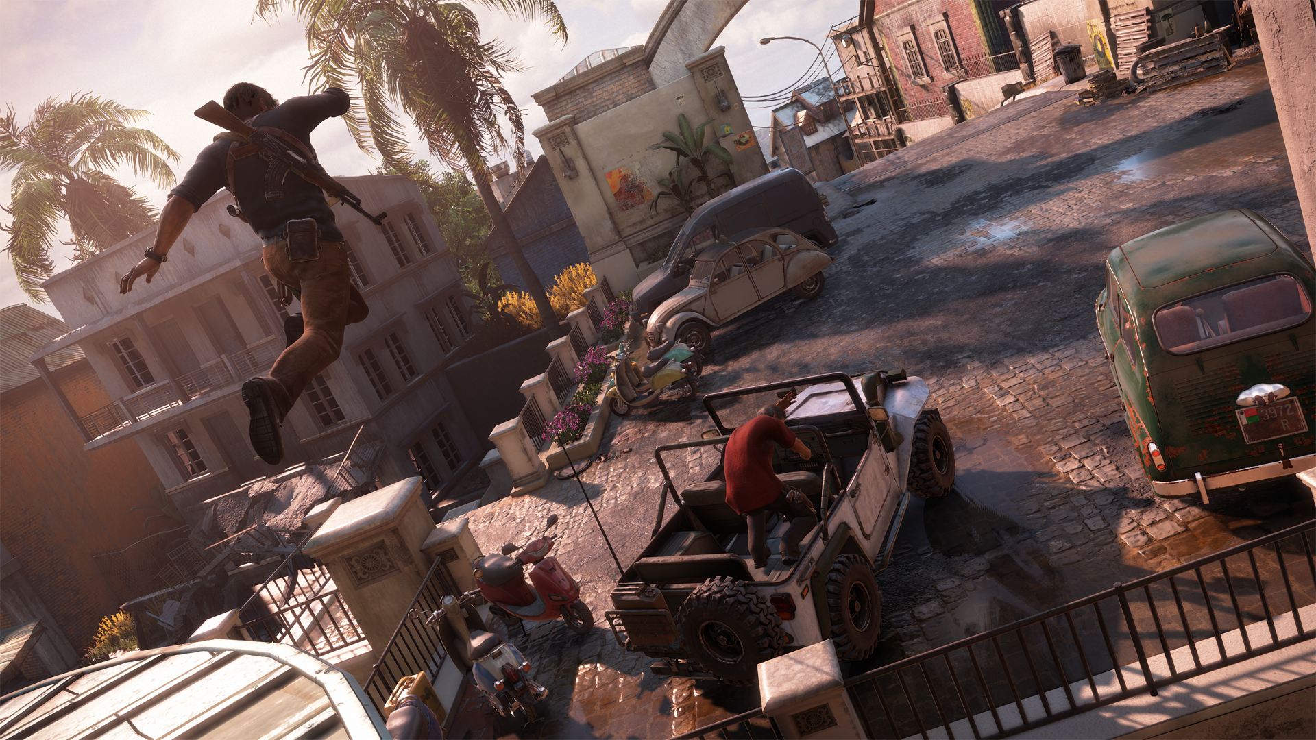 Nathan Drake jumping in a street with vehicles HD Wallpaper