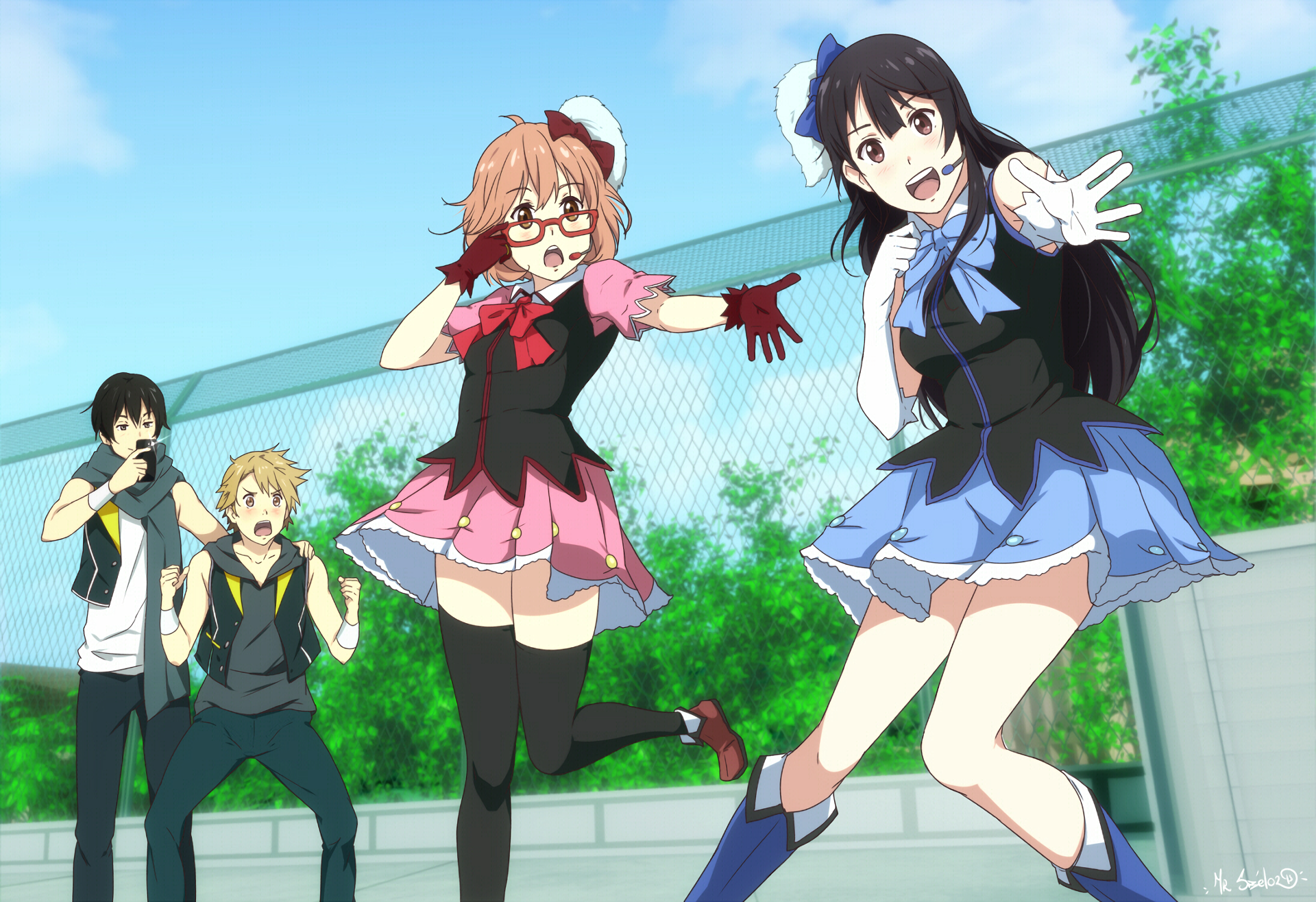 Four characters in anime style, two girls in costumes HD Wallpaper