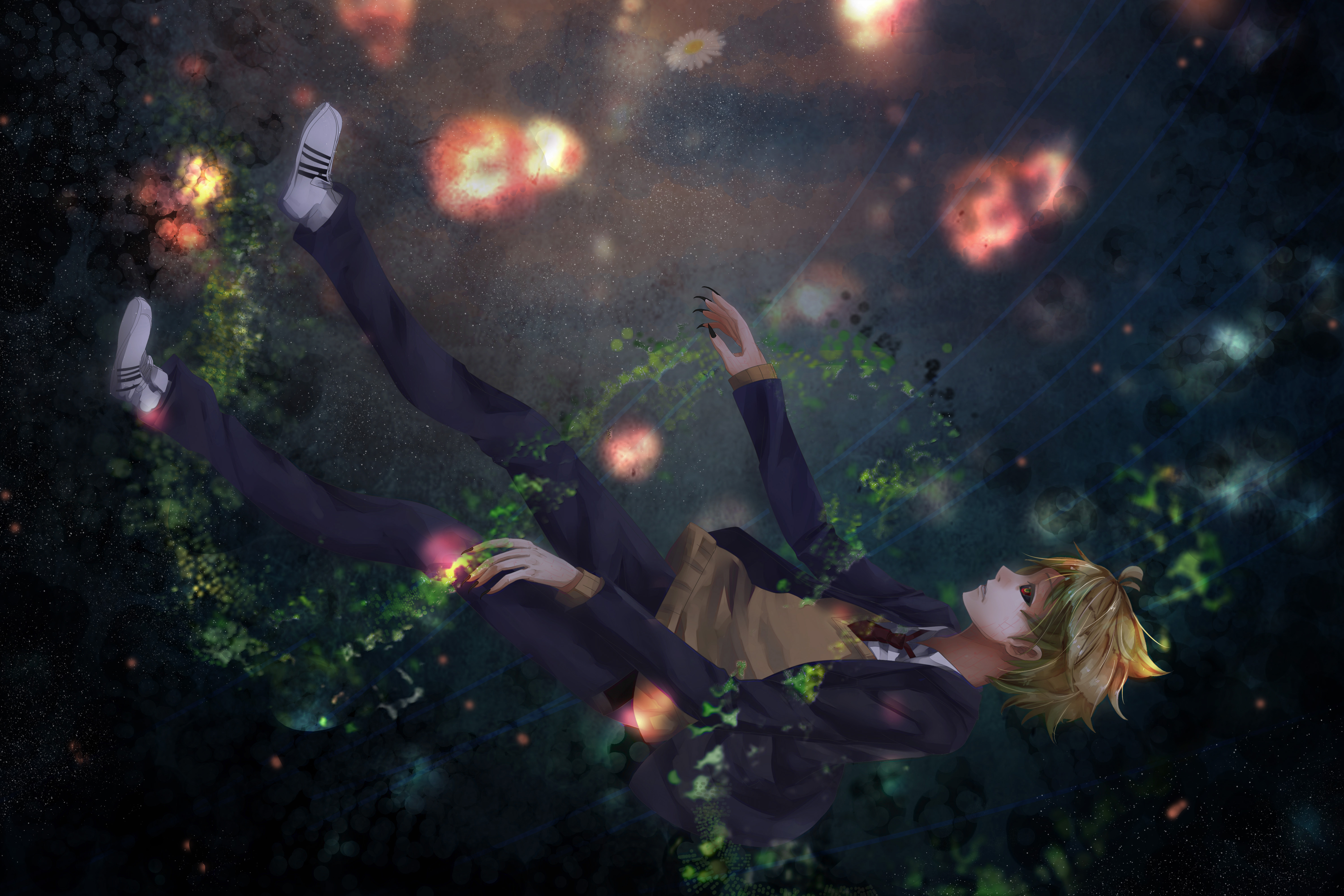 Akihito Kanbara falling in a dark, starry environment HD Wallpaper