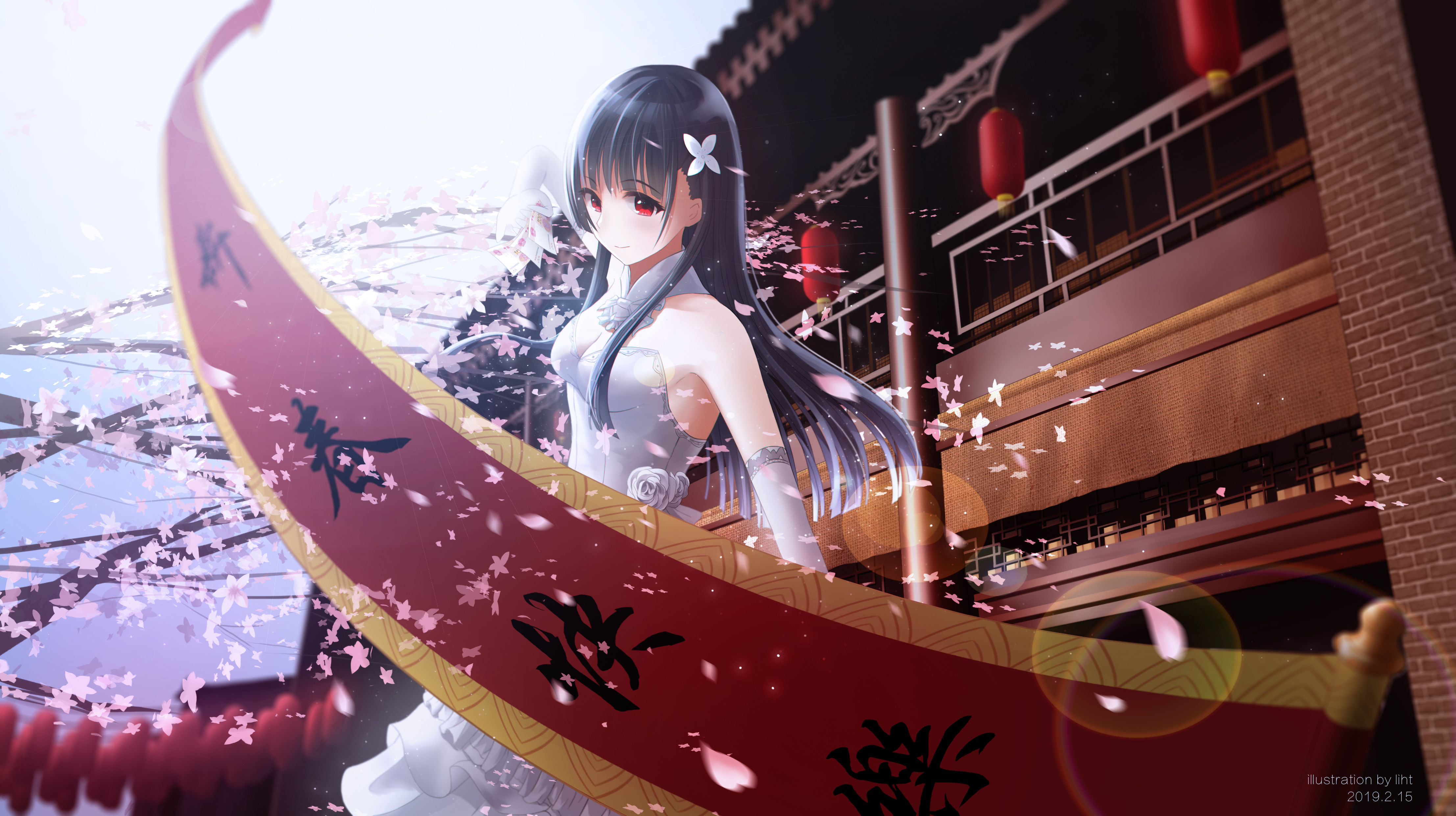 Girl in white dress with banner and cherry blossoms HD Wallpaper