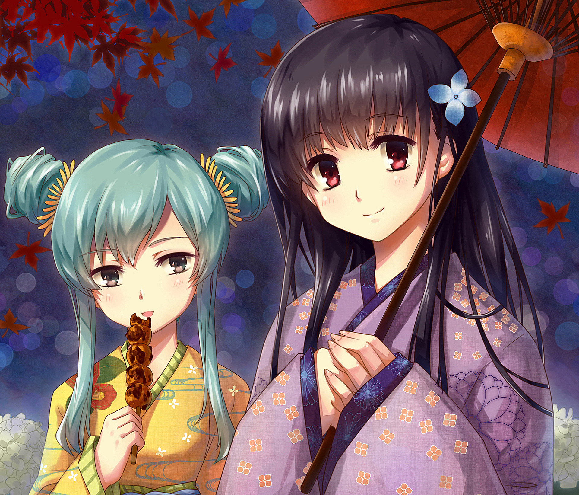 Two girls in kimonos eating dango HD Wallpaper