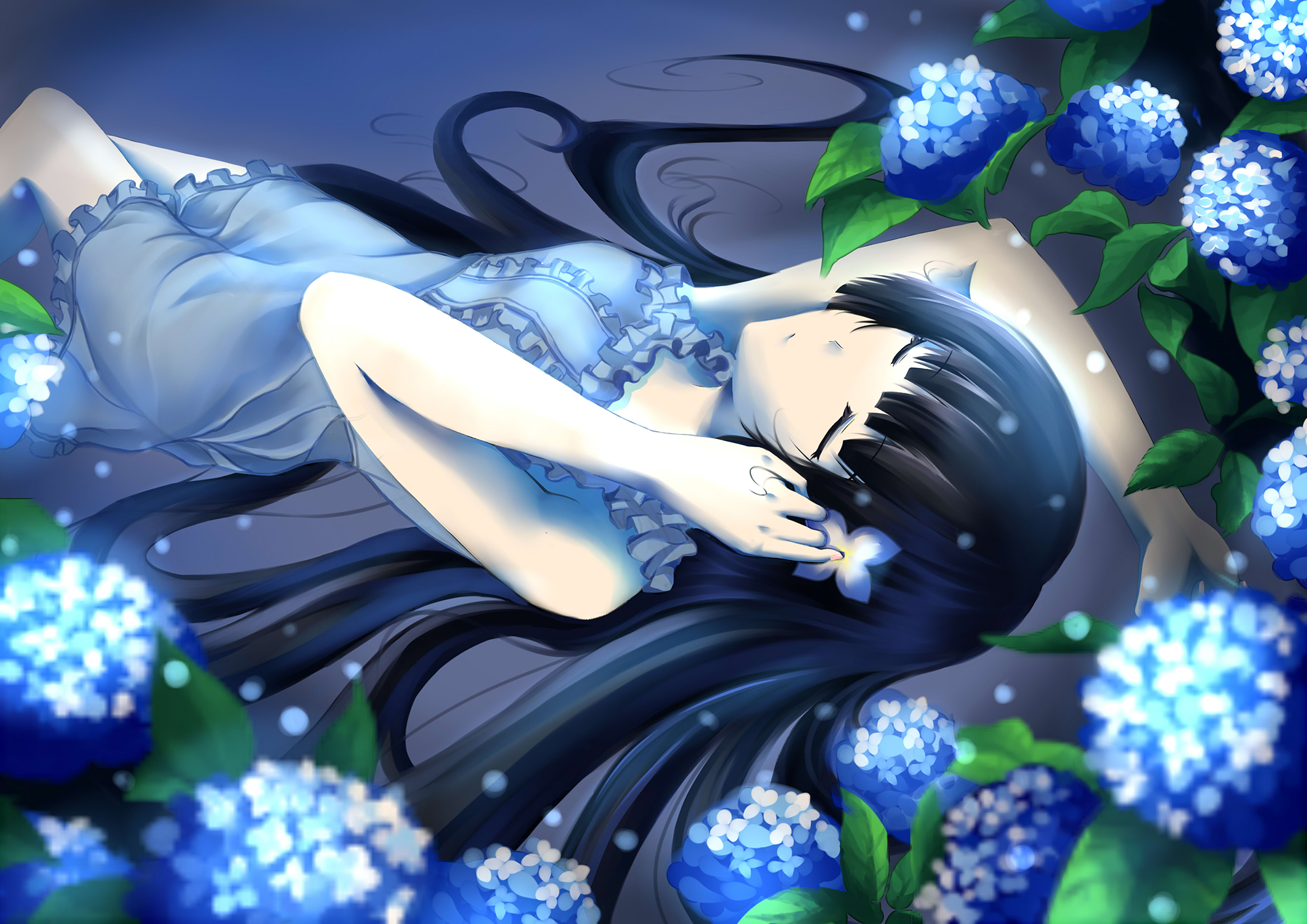Girl in blue dress with hydrangeas HD Wallpaper