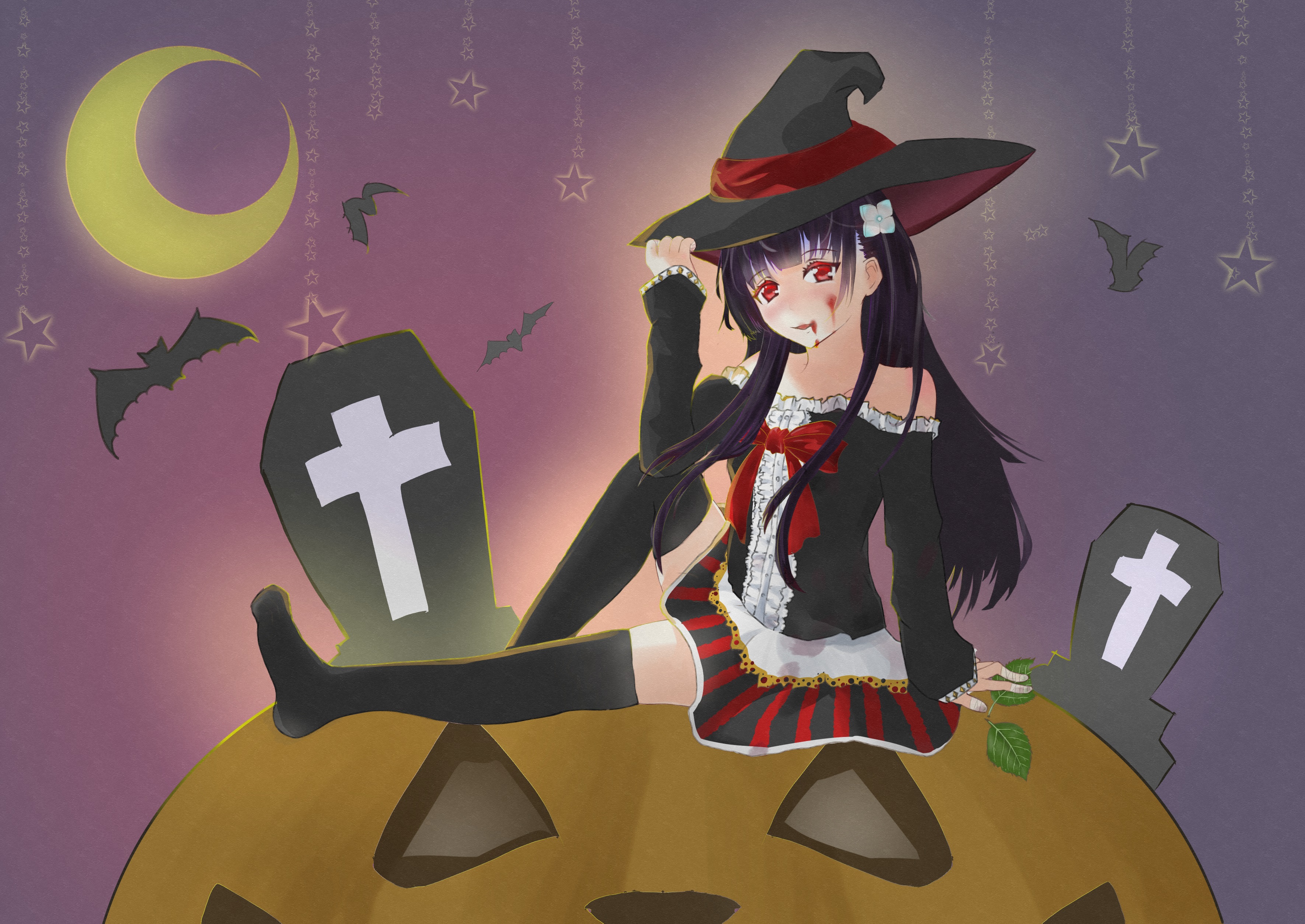 Anime girl in witch costume sitting on a pumpkin HD Wallpaper