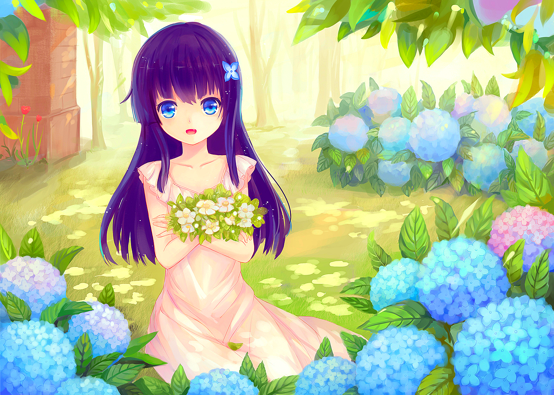 Girl with flowers in a garden HD Wallpaper