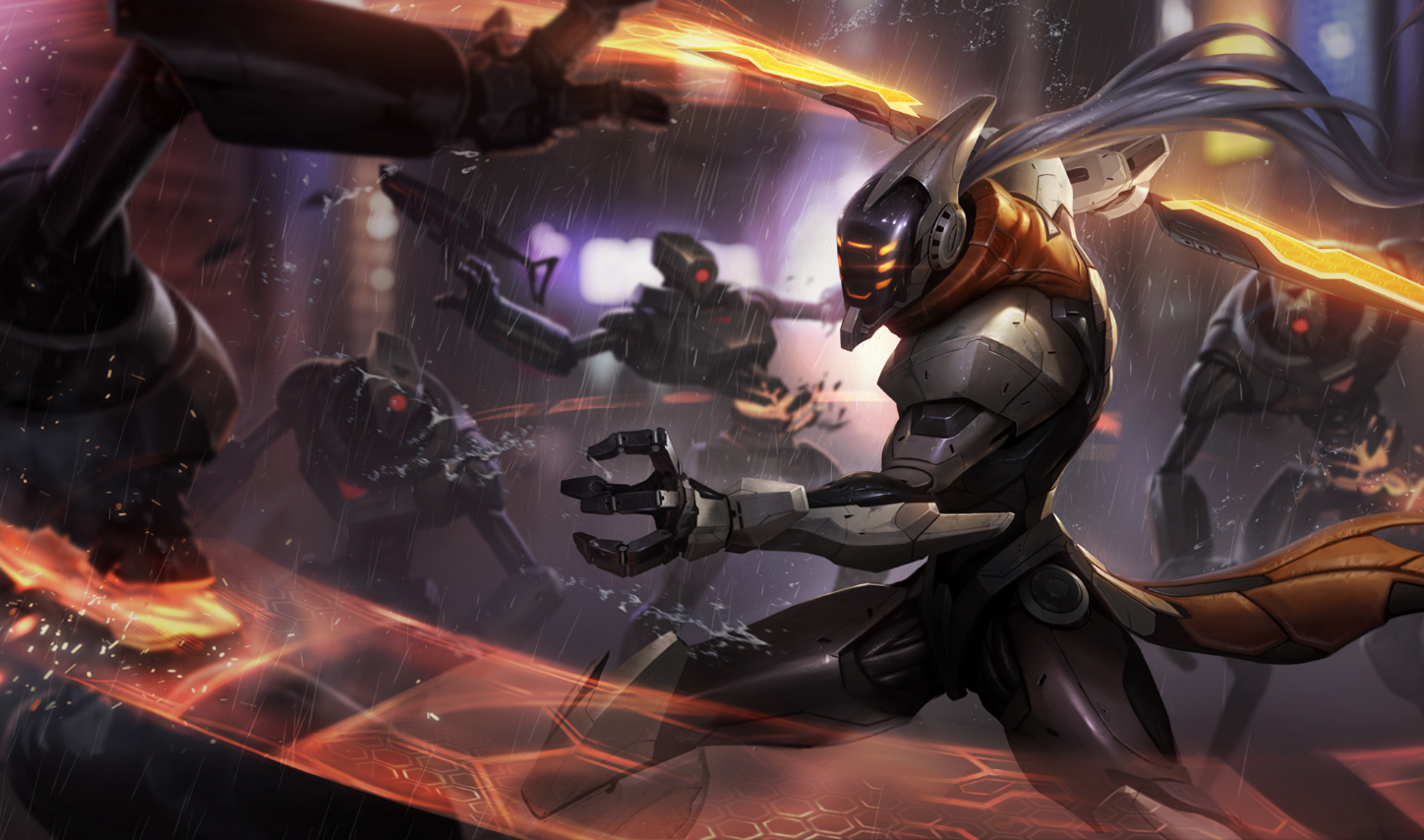 Master Yi from League of Legends fighting robots in rain HD Wallpaper