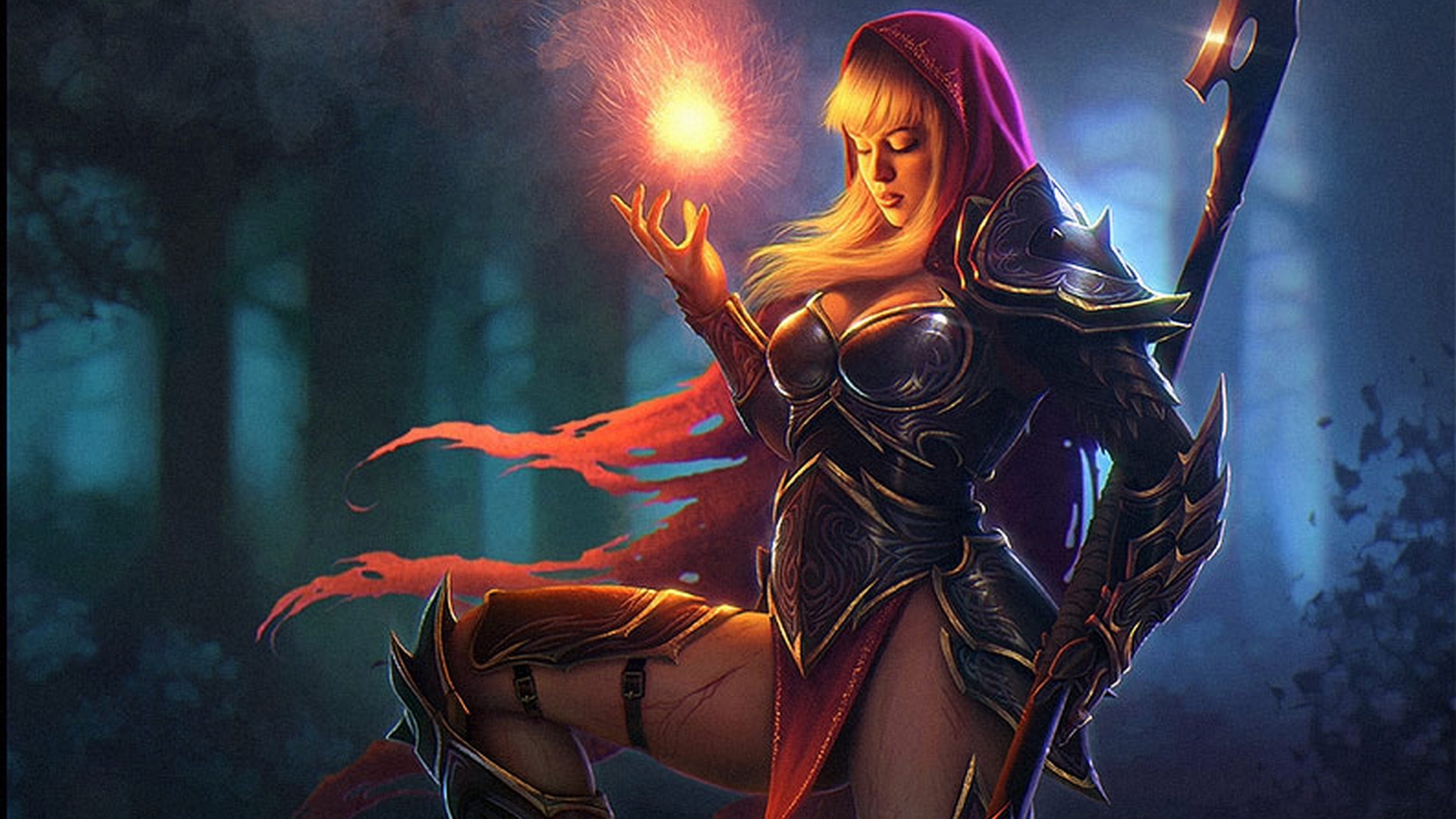 Fantasy warrior woman with magic orb and staff HD Wallpaper