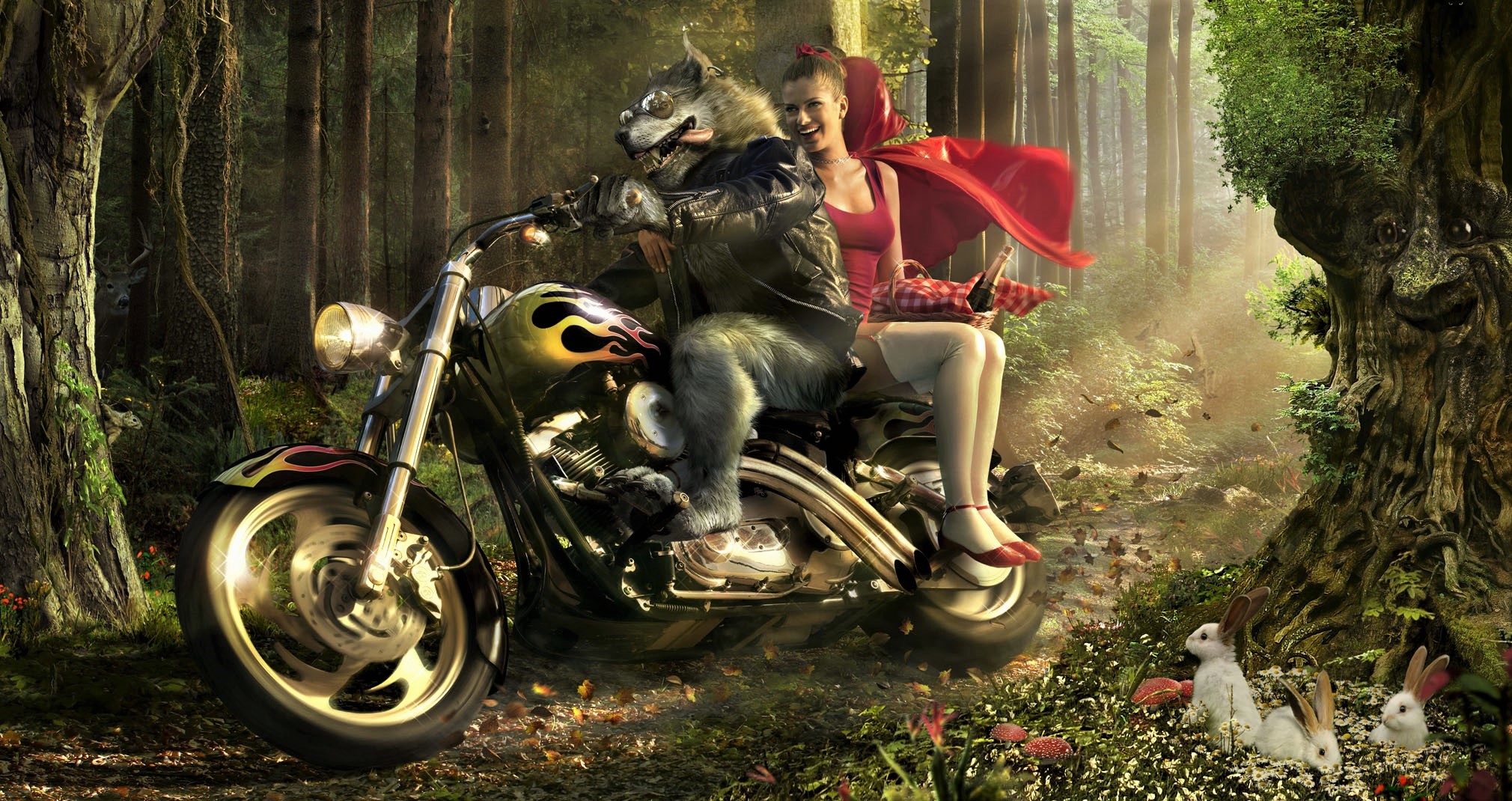 Red Riding Hood and Wolf on a Motorcycle in Forest HD Wallpaper