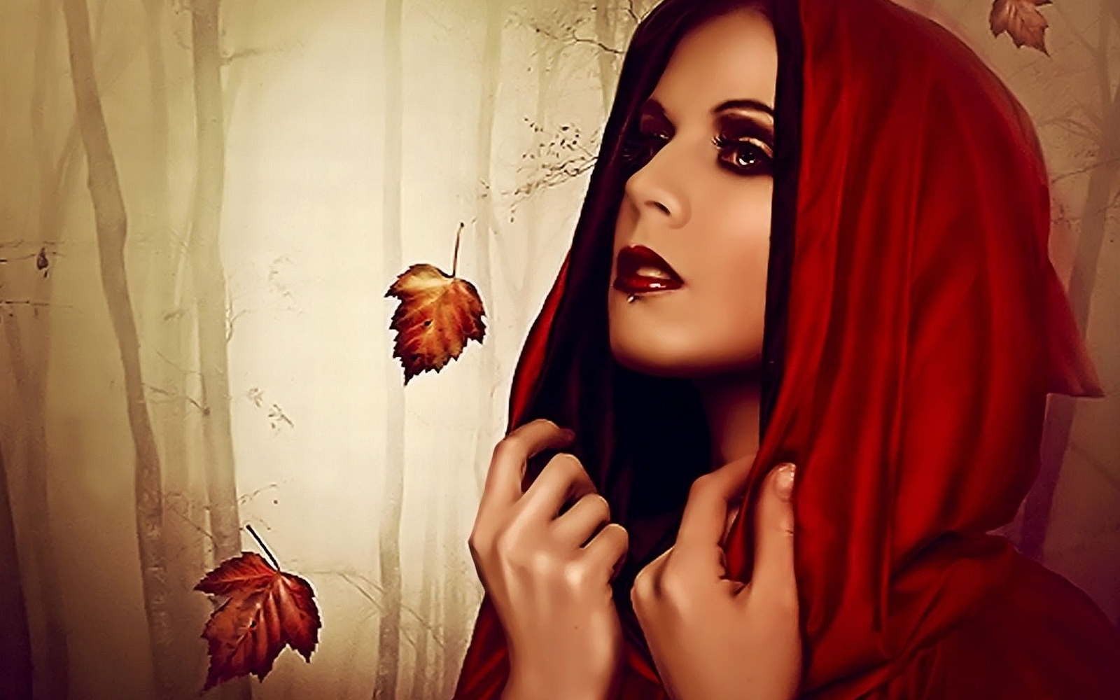 Woman in Red Hood with Falling Leaves HD Wallpaper