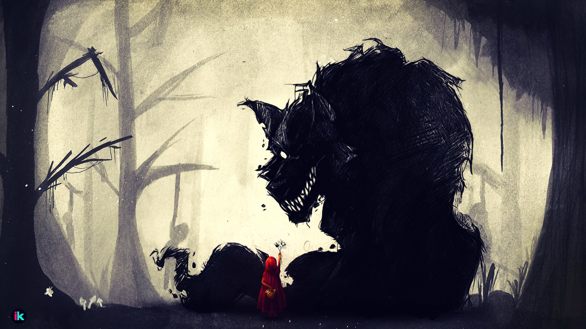 Red Riding Hood and the Wolf in a Dark Forest HD Wallpaper