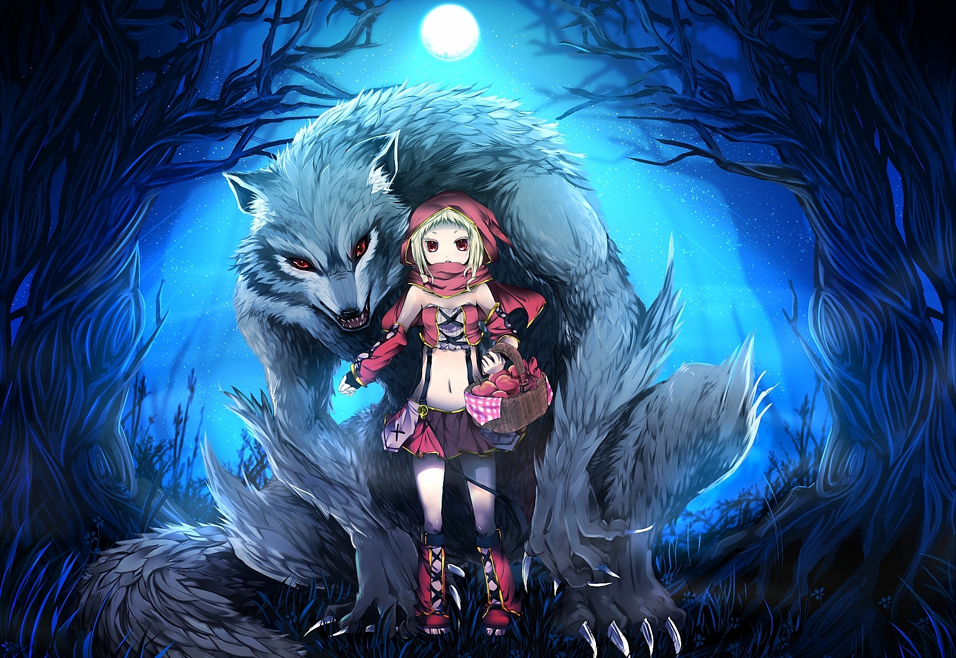 Red Riding Hood and a wolf in a forest HD Wallpaper