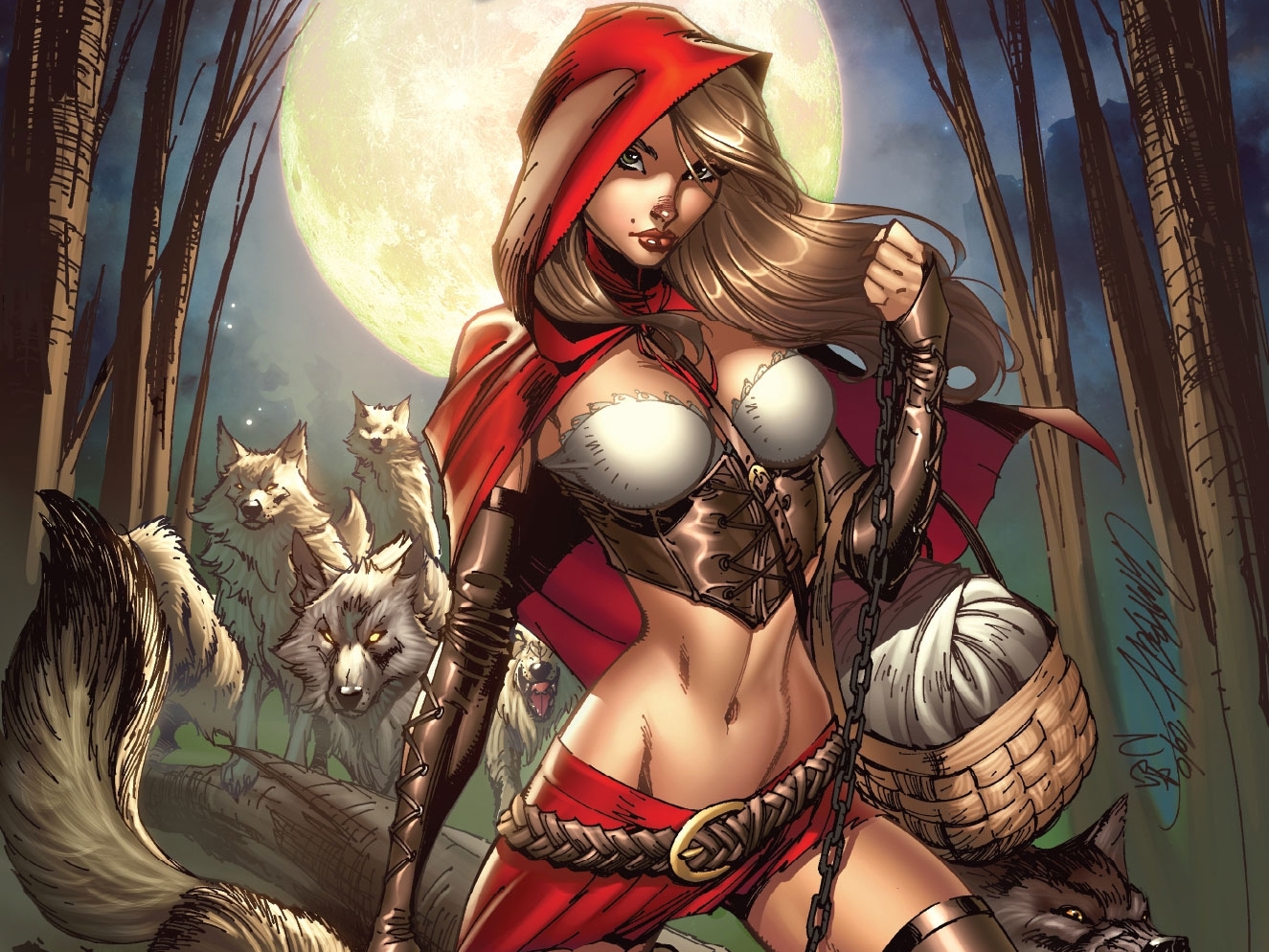 Red Riding Hood with Wolves HD Wallpaper