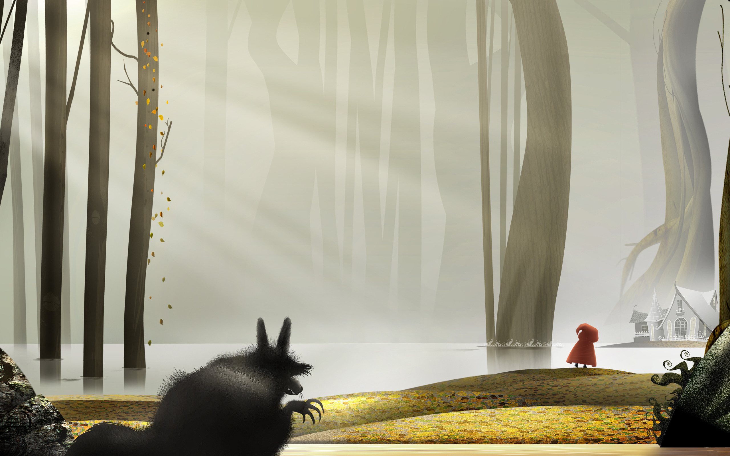 Red Riding Hood in a misty forest with a wolf HD Wallpaper