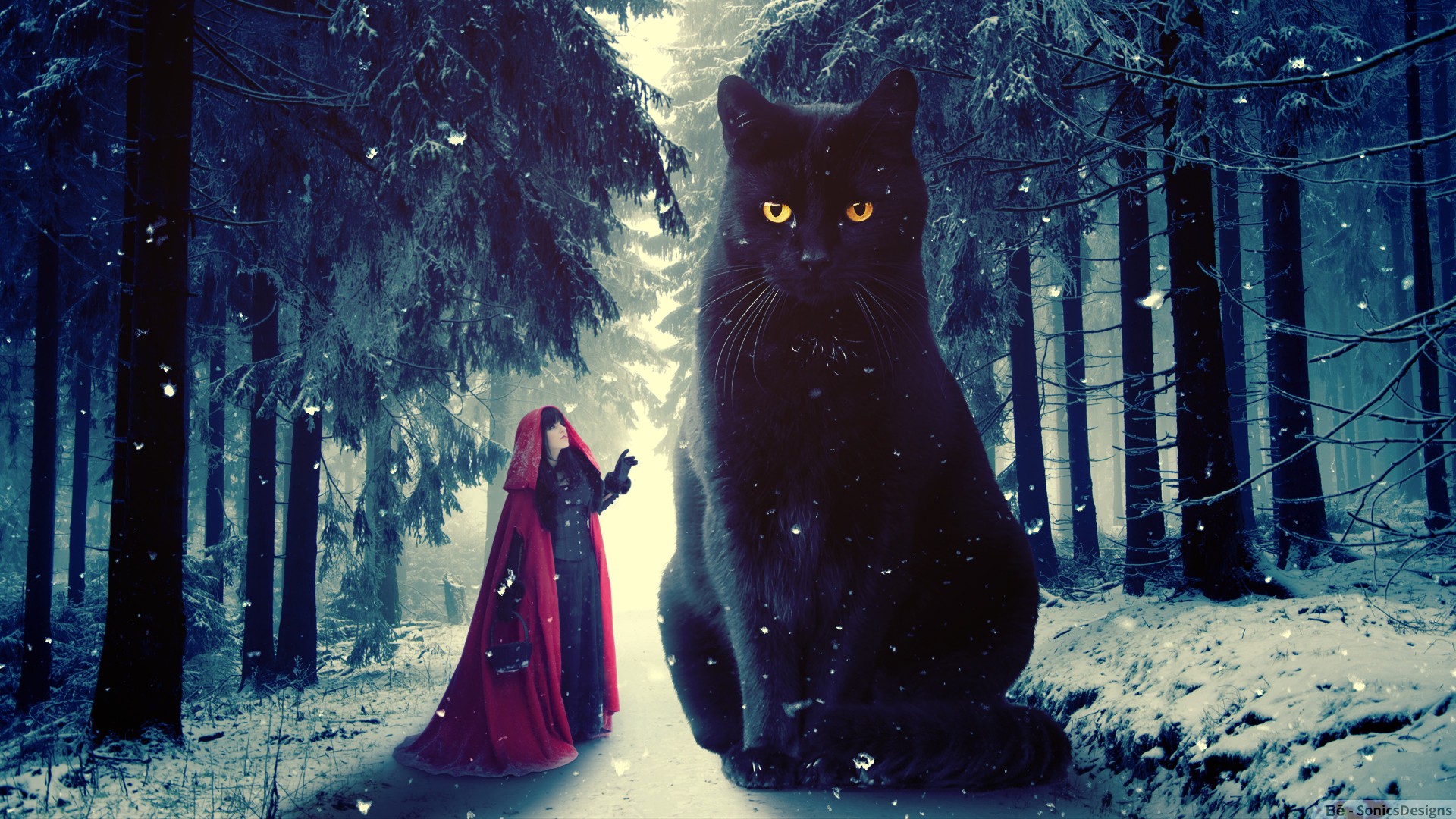 Red Riding Hood and giant black cat in snowy forest HD Wallpaper