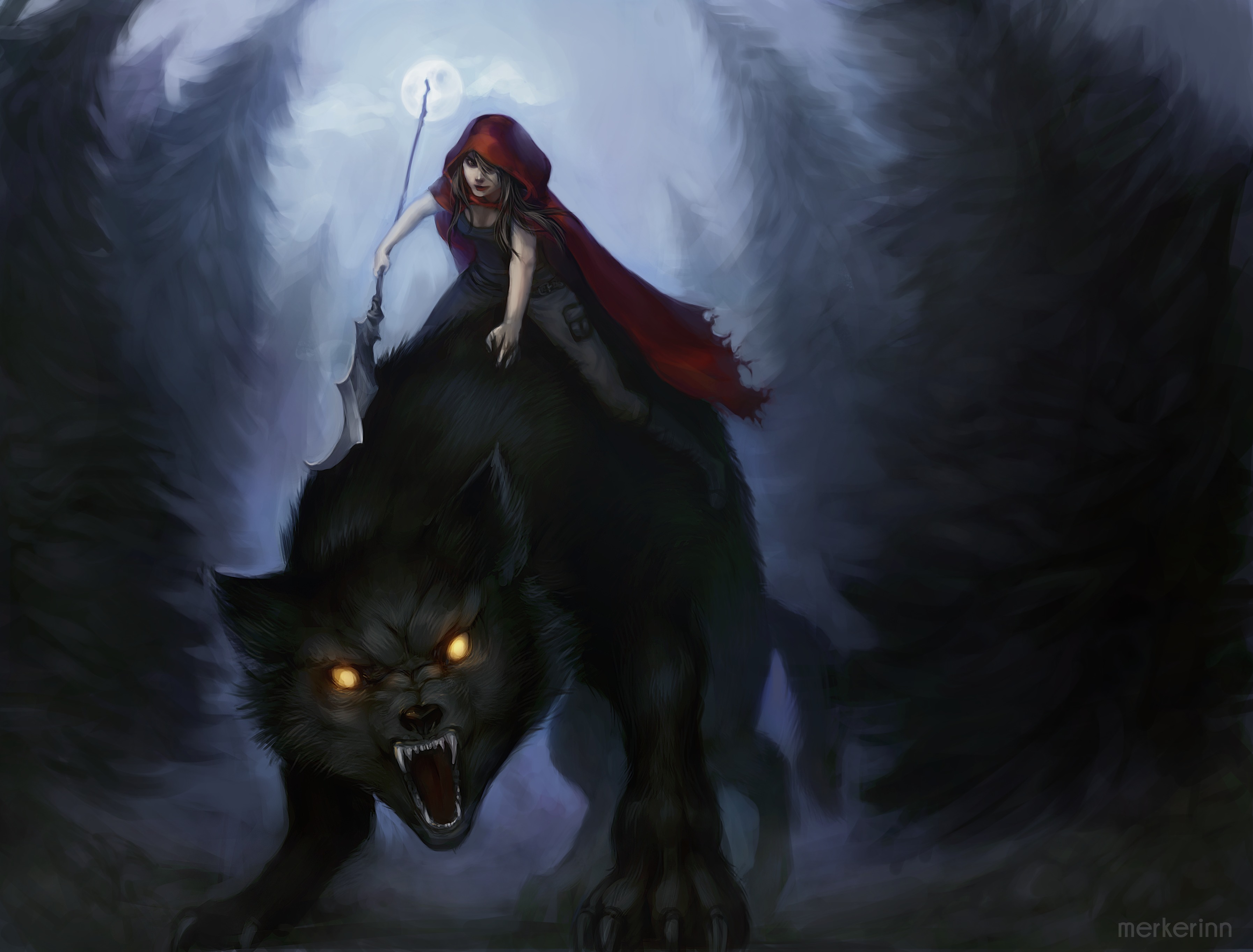 Red Riding Hood riding a wolf in a forest HD Wallpaper