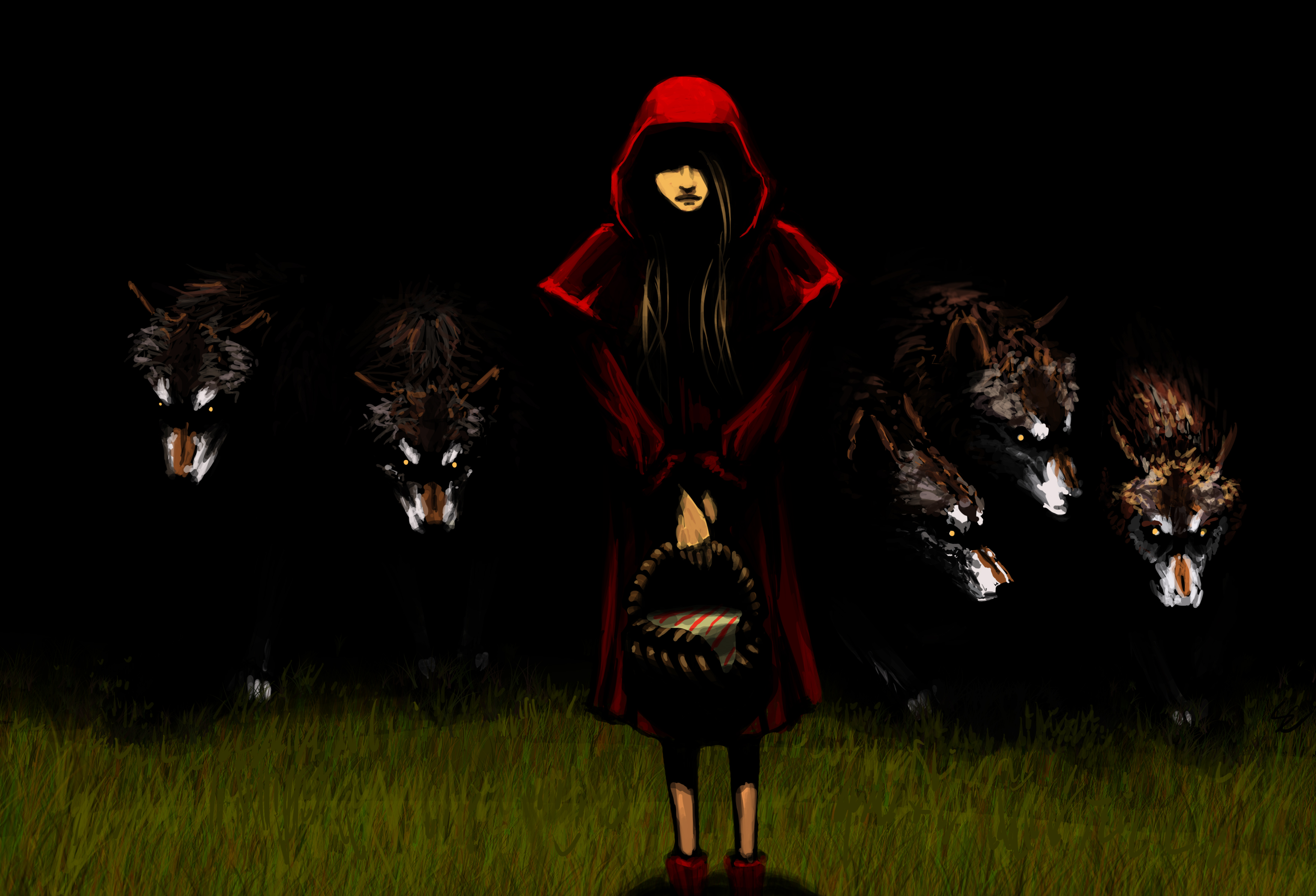 Red Riding Hood surrounded by wolves in the dark HD Wallpaper