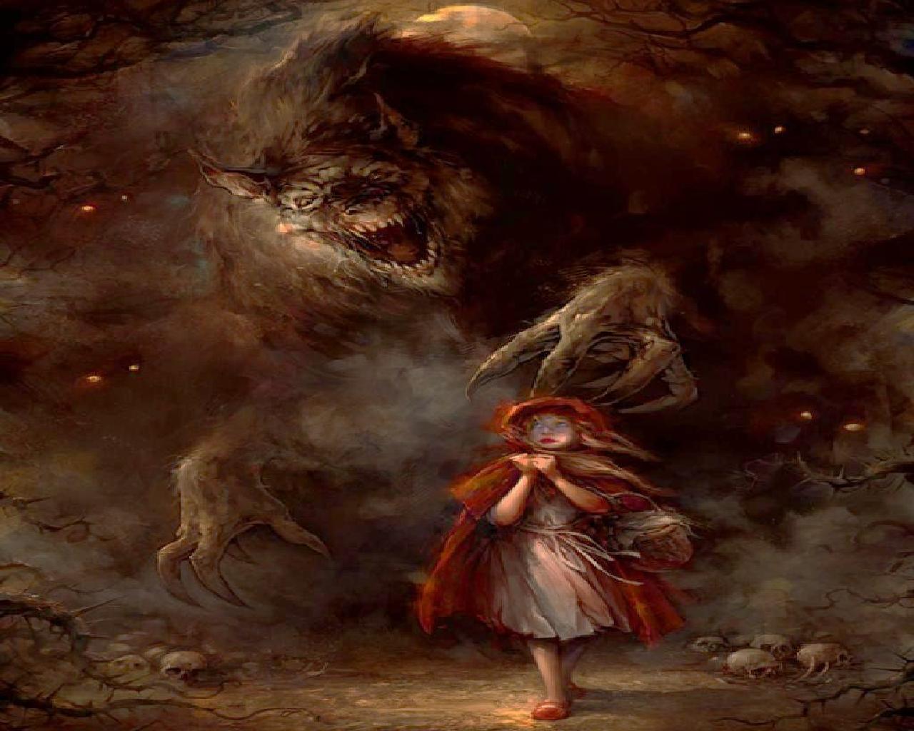 Red Riding Hood and a Werewolf in a Dark Forest HD Wallpaper
