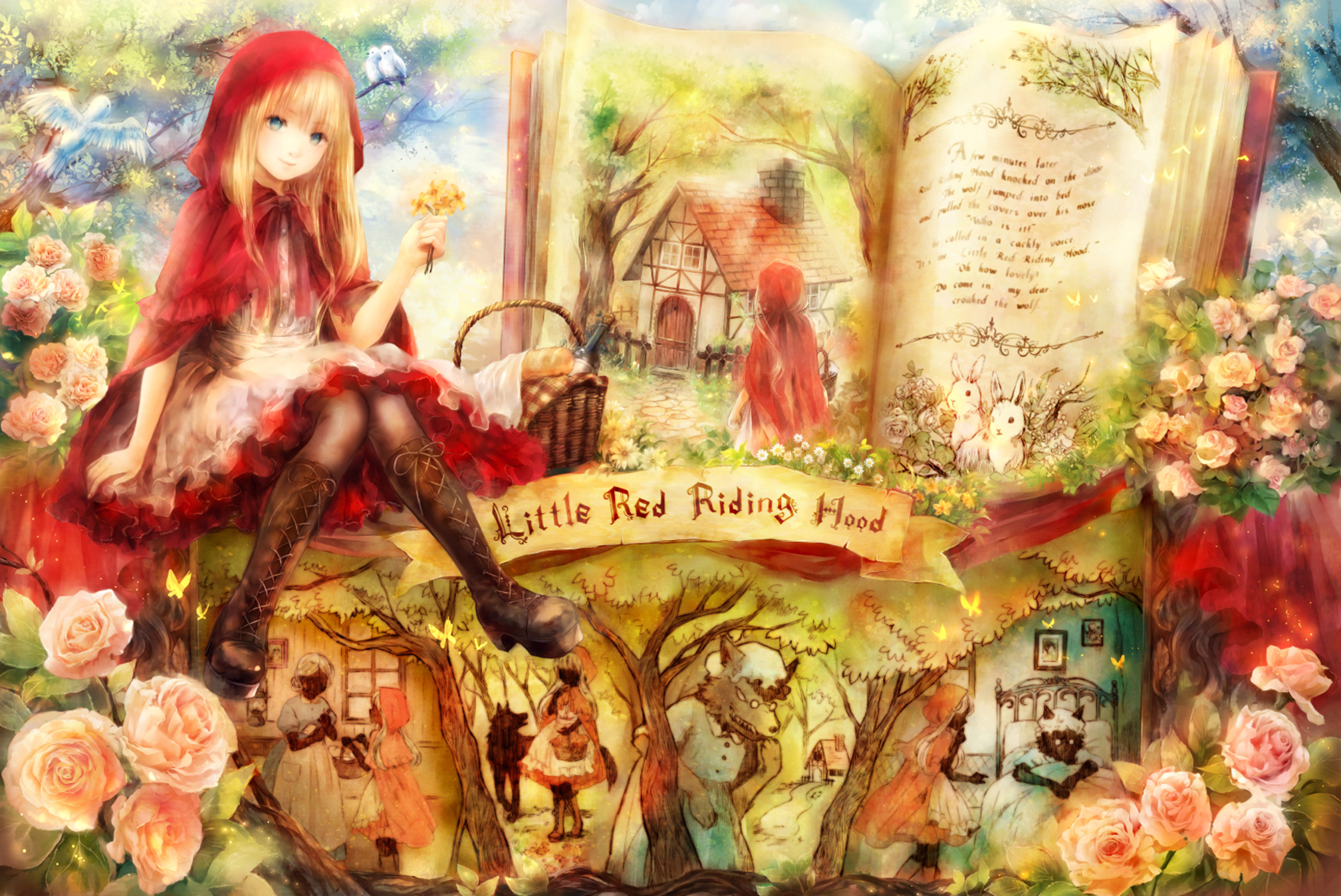 Little Red Riding Hood storybook illustration HD Wallpaper