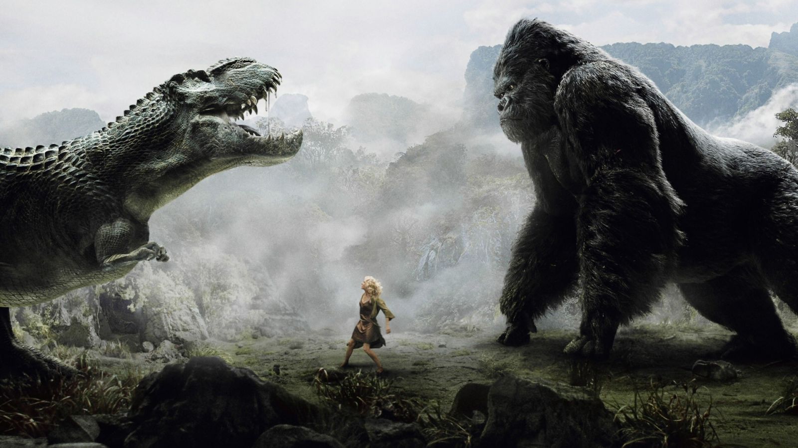 King Kong vs. Tyrannosaurus Rex with a woman HD Wallpaper