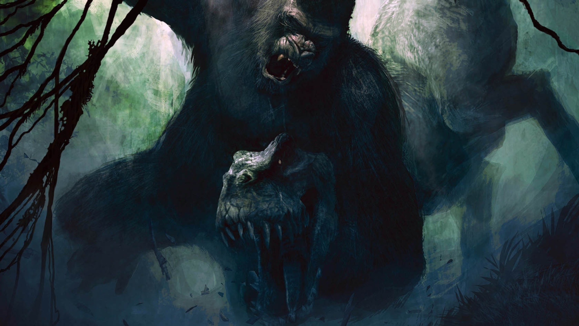 King Kong fighting a dinosaur HD Wallpaper