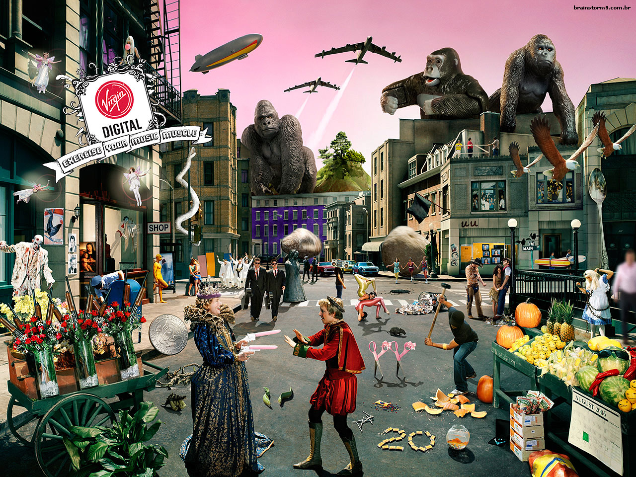 Virgin Digital Collage with Gorillas and Airships HD Wallpaper