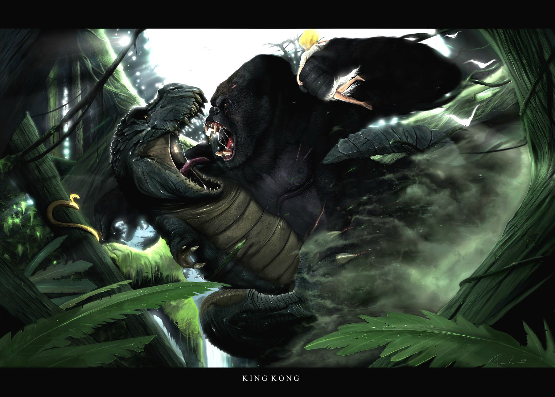 King Kong fighting a dinosaur in a jungle HD Wallpaper