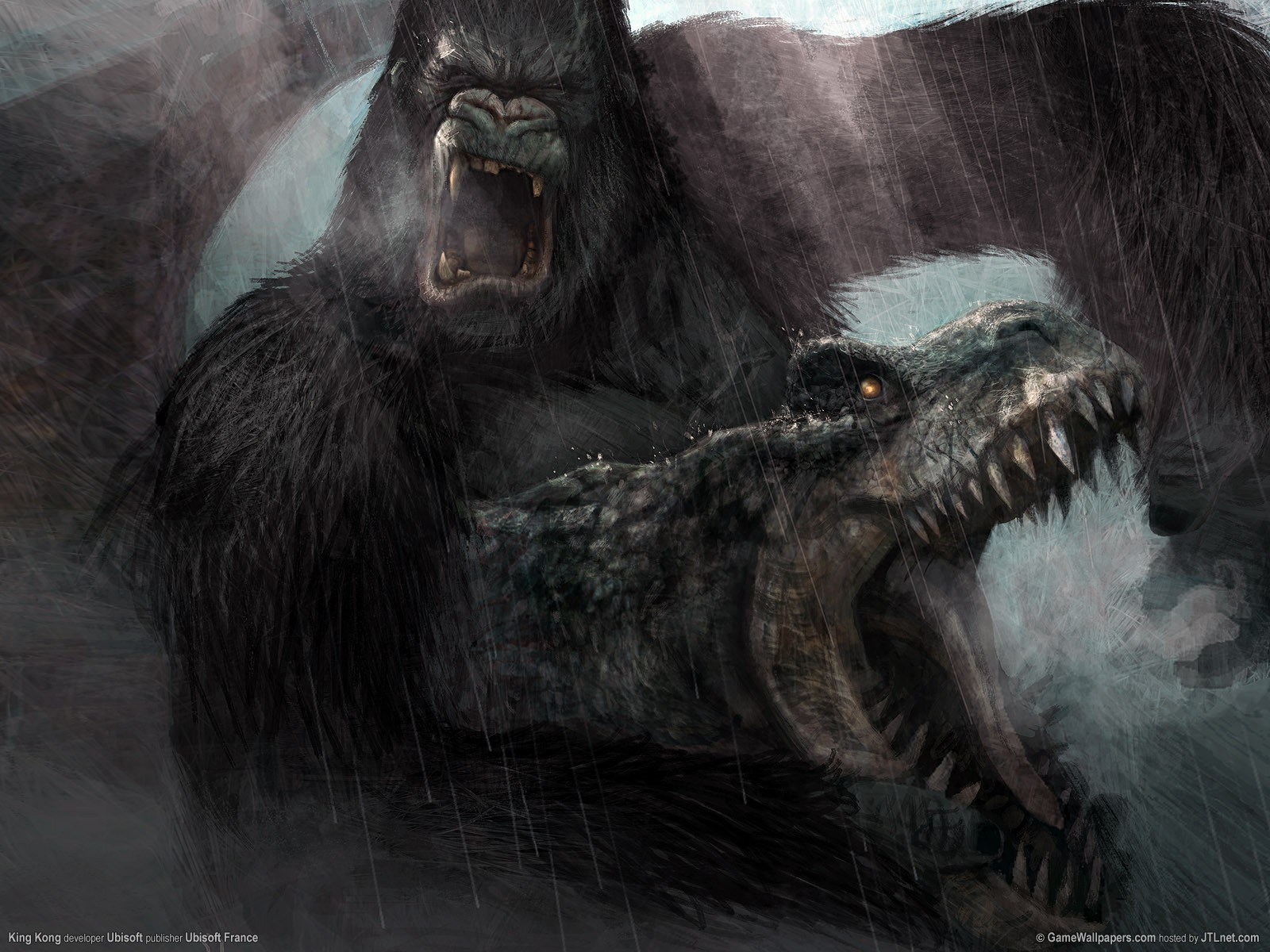 King Kong fighting a Tyrannosaurus Rex HD Wallpaper