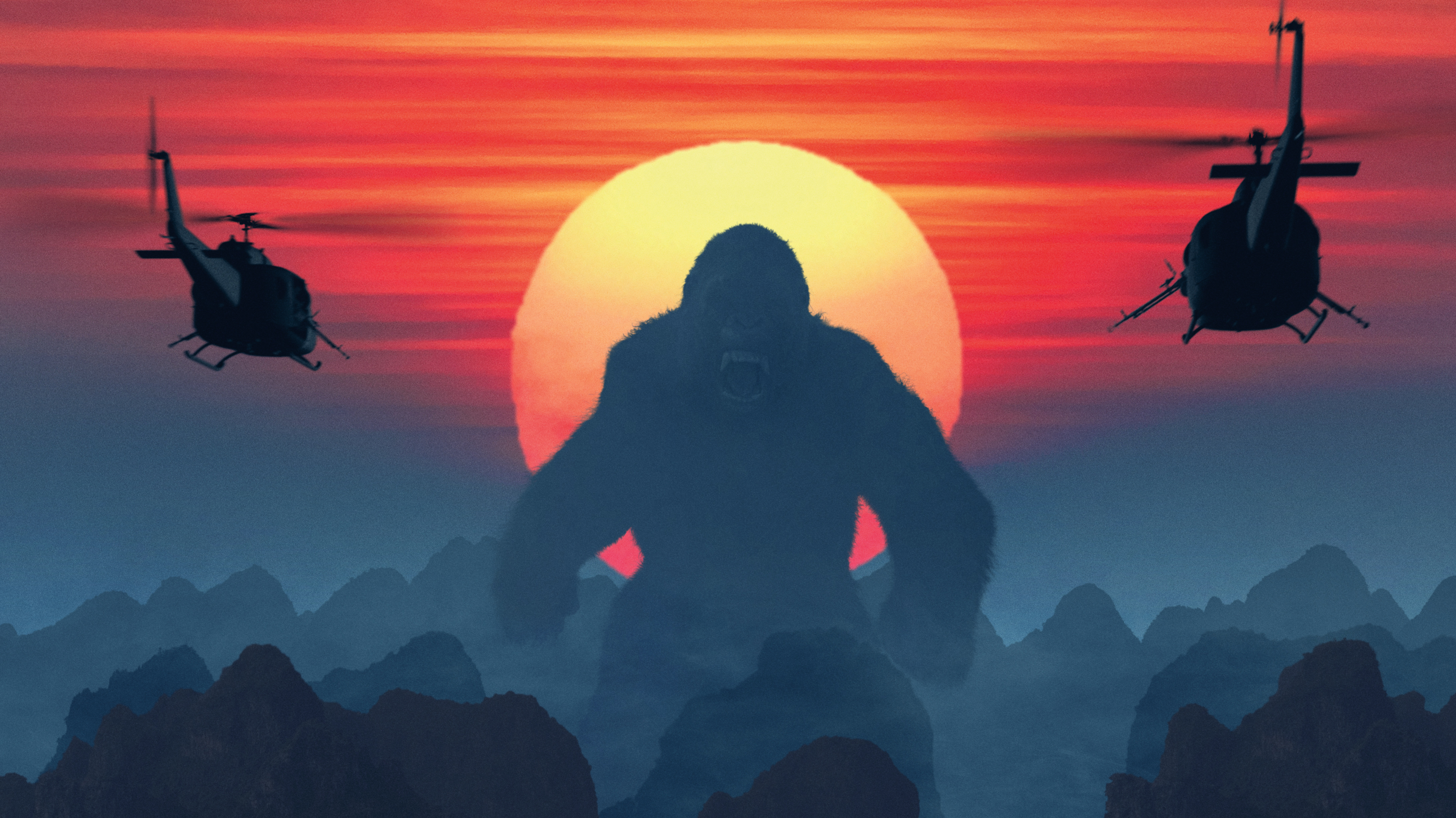 King Kong and helicopters at sunset HD Wallpaper