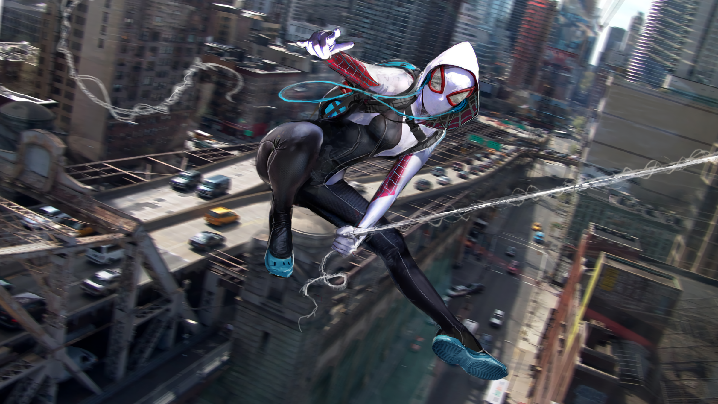 Gwen Stacy swinging through a city HD Wallpaper