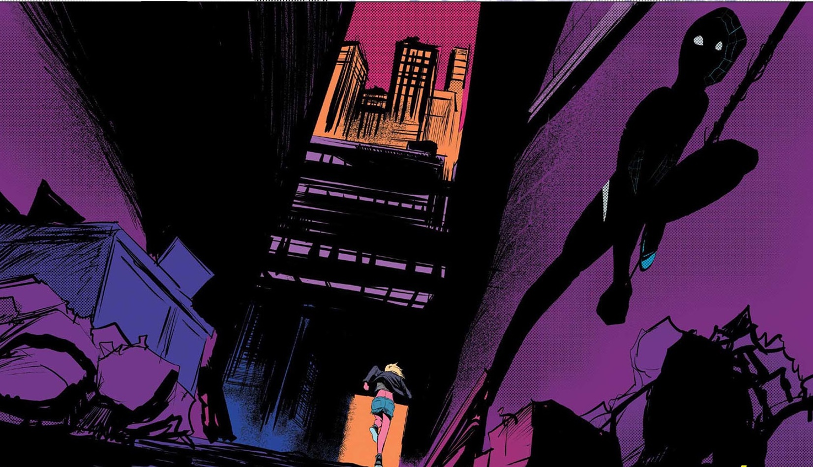 Spider-Man (Miles Morales) and Gwen Stacy in a city alley HD Wallpaper