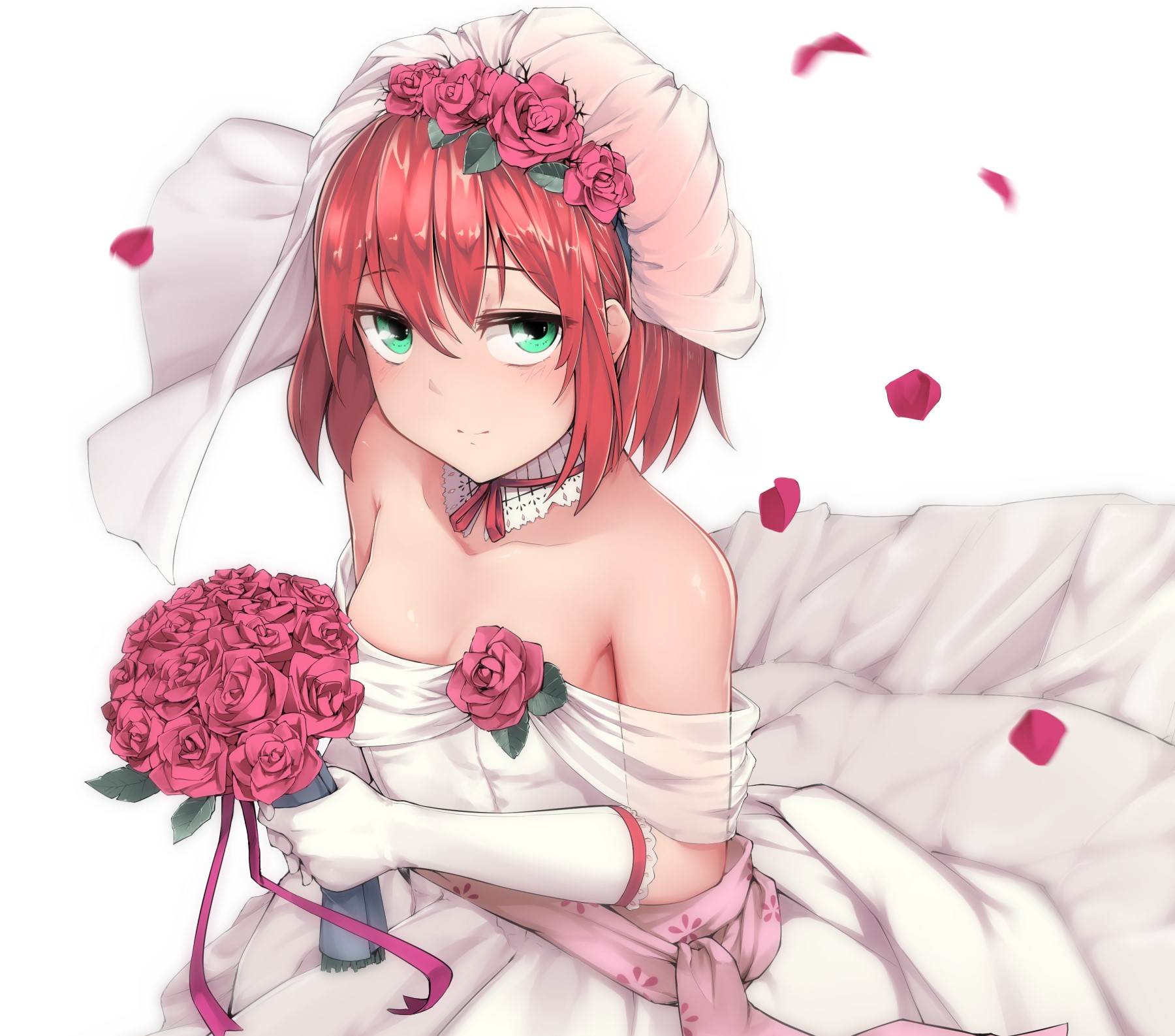 Bride with pink roses and bouquet HD Wallpaper