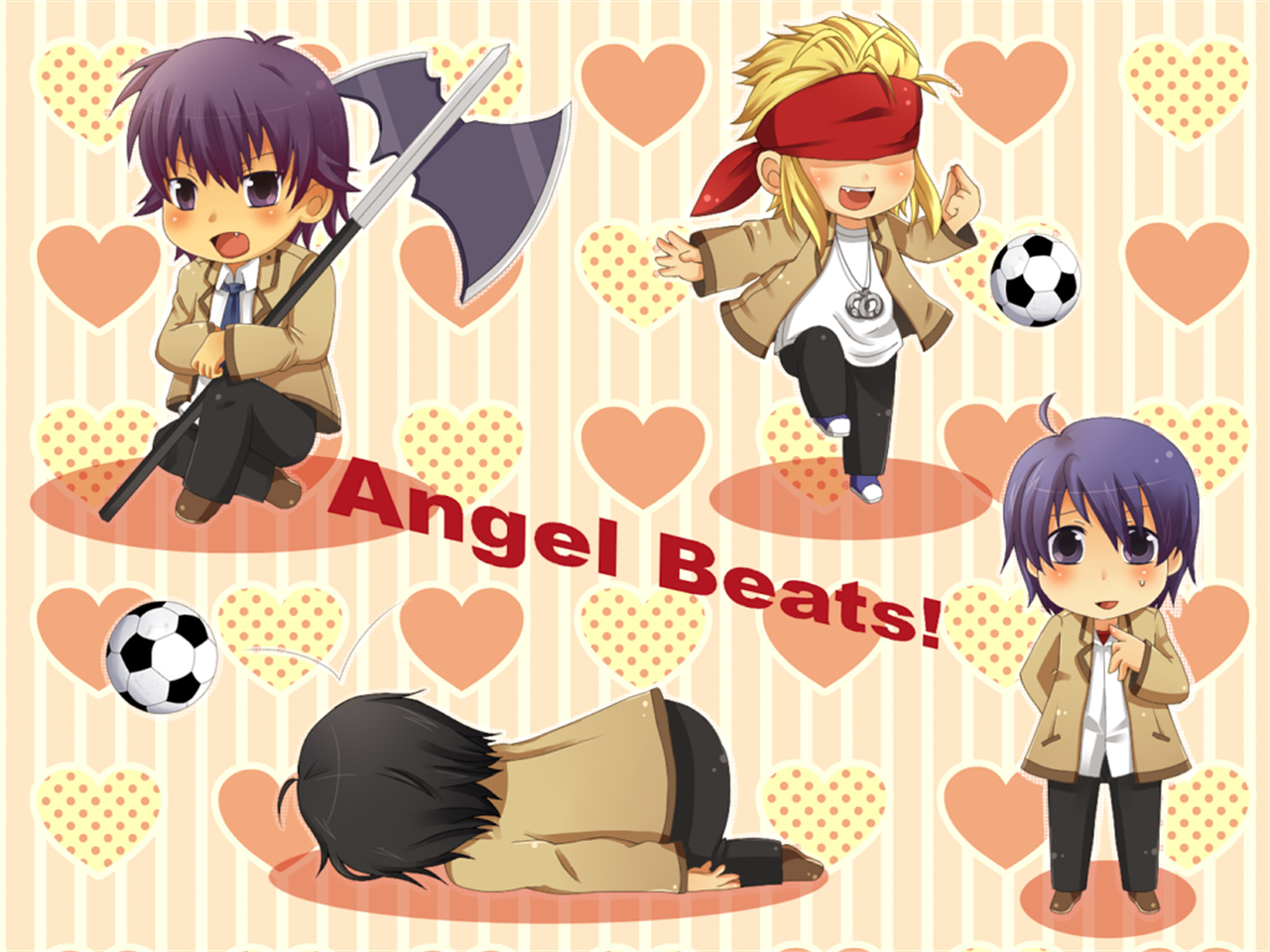 Angel Beats! Chibi characters with soccer ball and axe HD Wallpaper