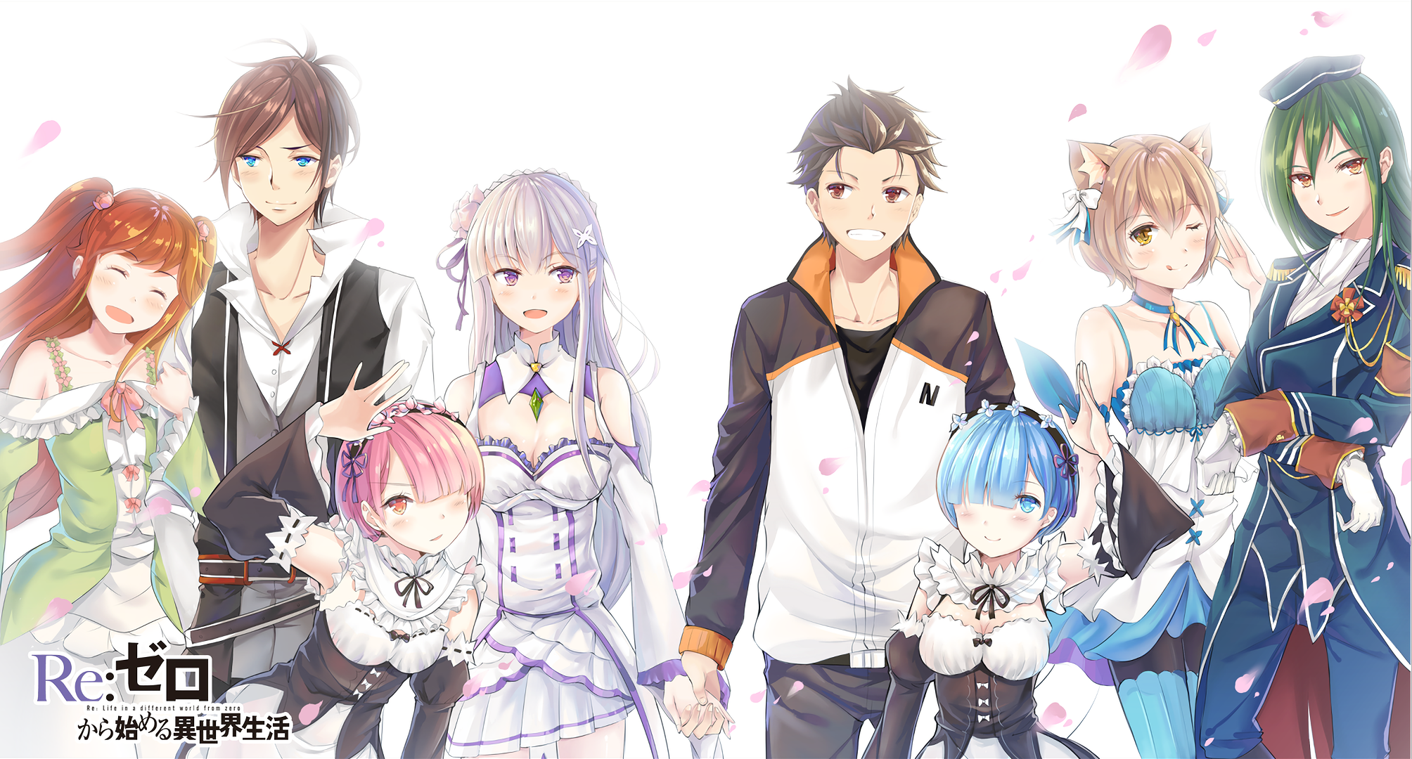 Re:Zero characters Emilia, Subaru, Ram, Rem, Felix, and Crusch HD Wallpaper