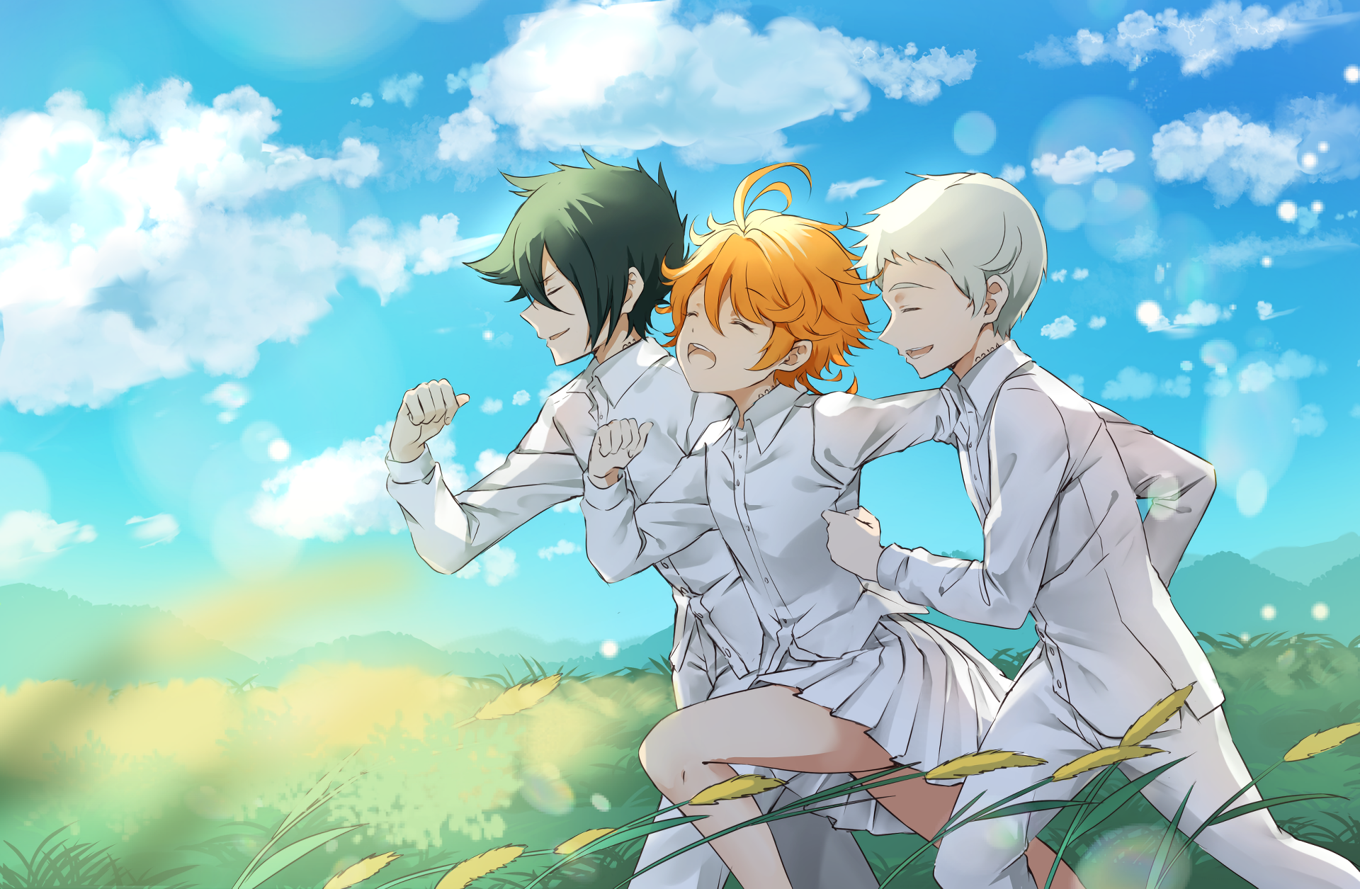 Emma, Ray, and Norman from The Promised Neverland running HD Wallpaper