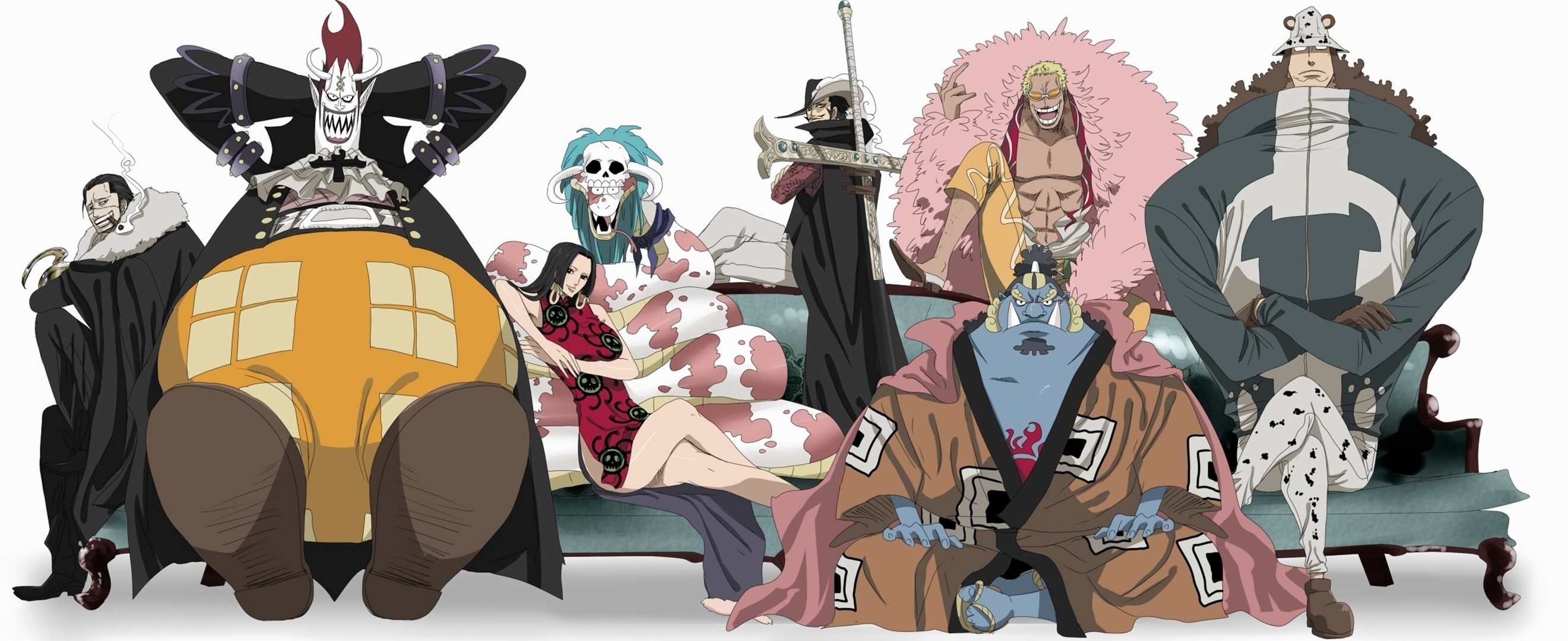 One Piece Shichibukai characters sitting on a couch HD Wallpaper