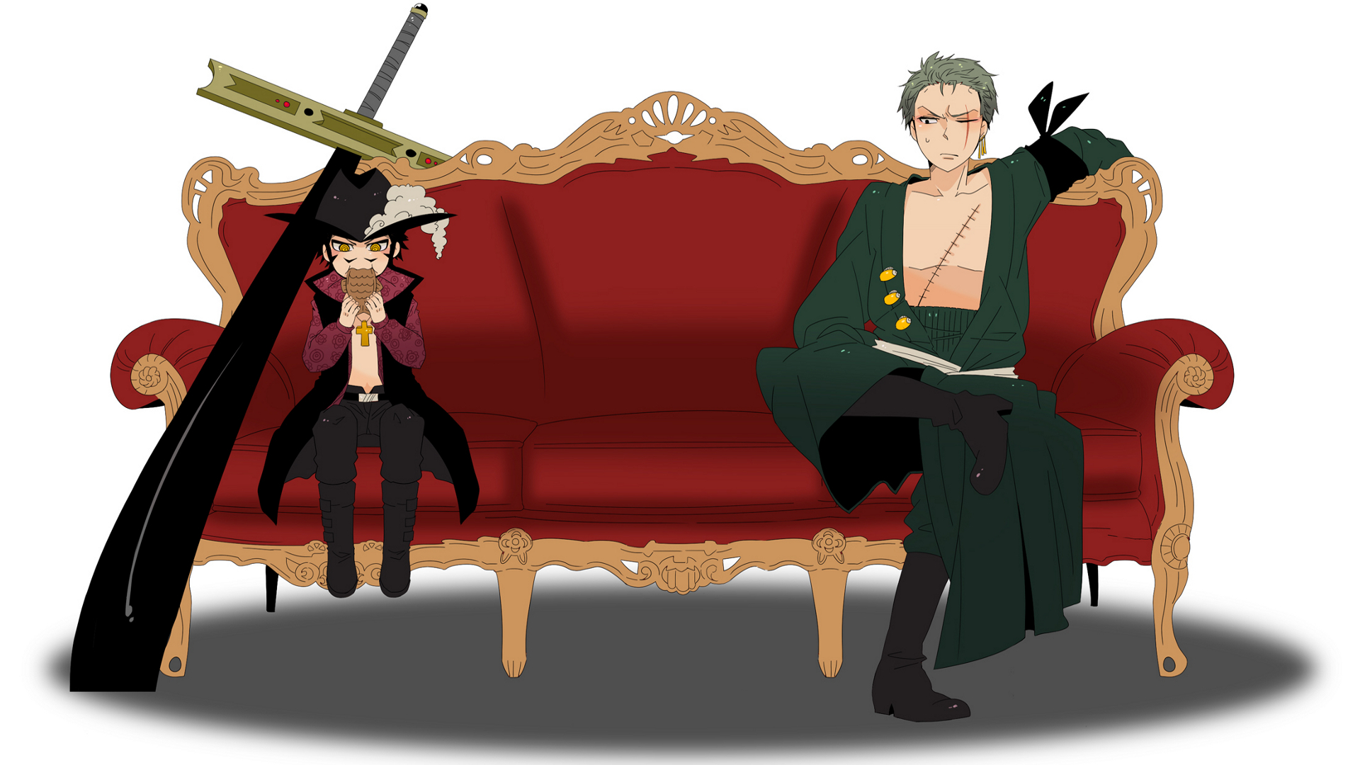 Dracule Mihawk and Roronoa Zoro on a couch HD Wallpaper