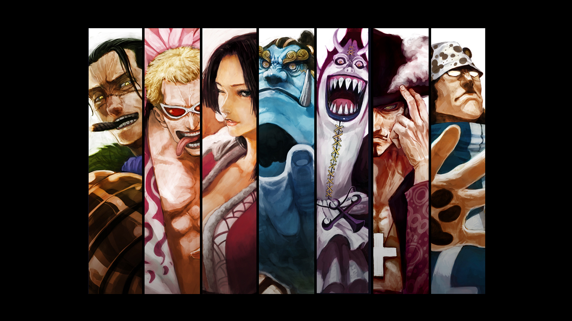 One Piece Characters: Crocodile, Doflamingo, Hancock, Jinbe, Moria, Mihawk, Kuma HD Wallpaper