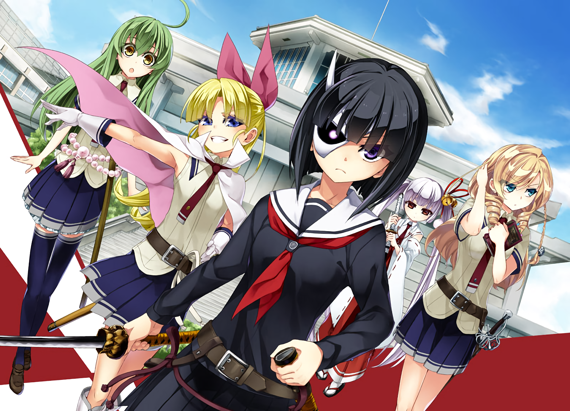 Rin Onigawara and friends in school uniforms HD Wallpaper