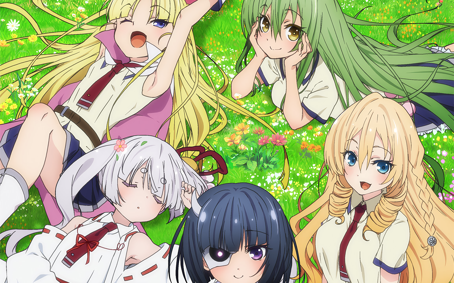 Rin Onigawara and friends lying on grass HD Wallpaper