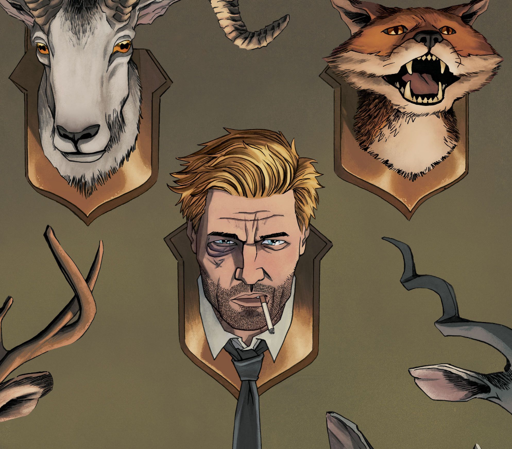 John Constantine surrounded by taxidermied animal heads HD Wallpaper