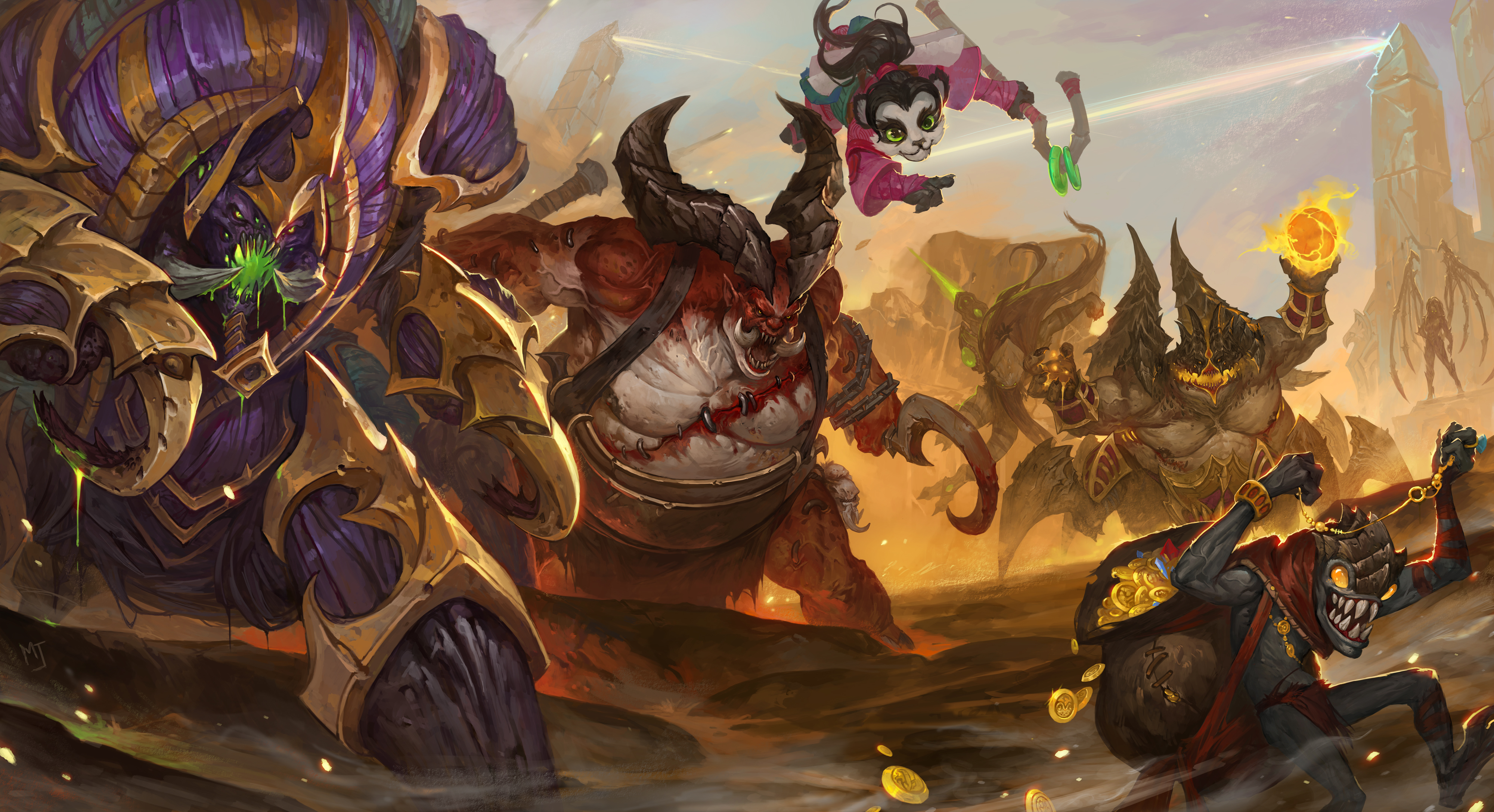 Monsters and a small girl in a battle scene HD Wallpaper