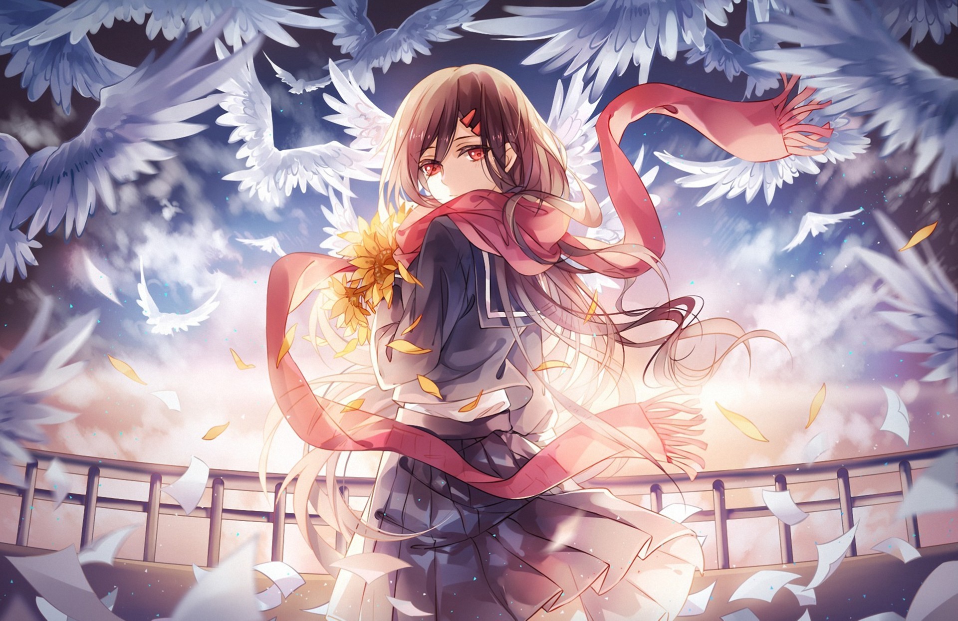 Ayano Tateyama with sunflowers and birds HD Wallpaper