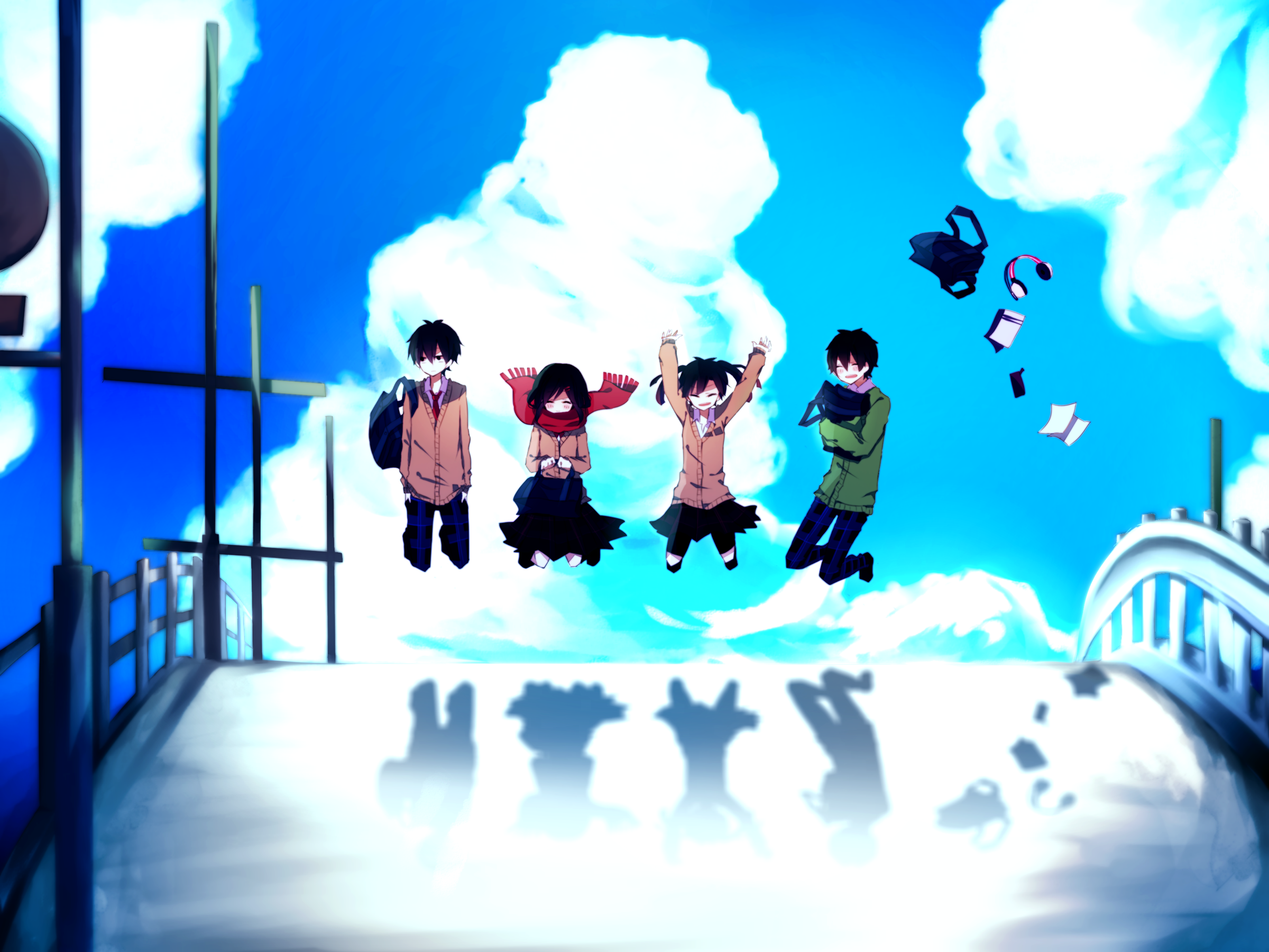 Four students jumping in the air with books and bags HD Wallpaper