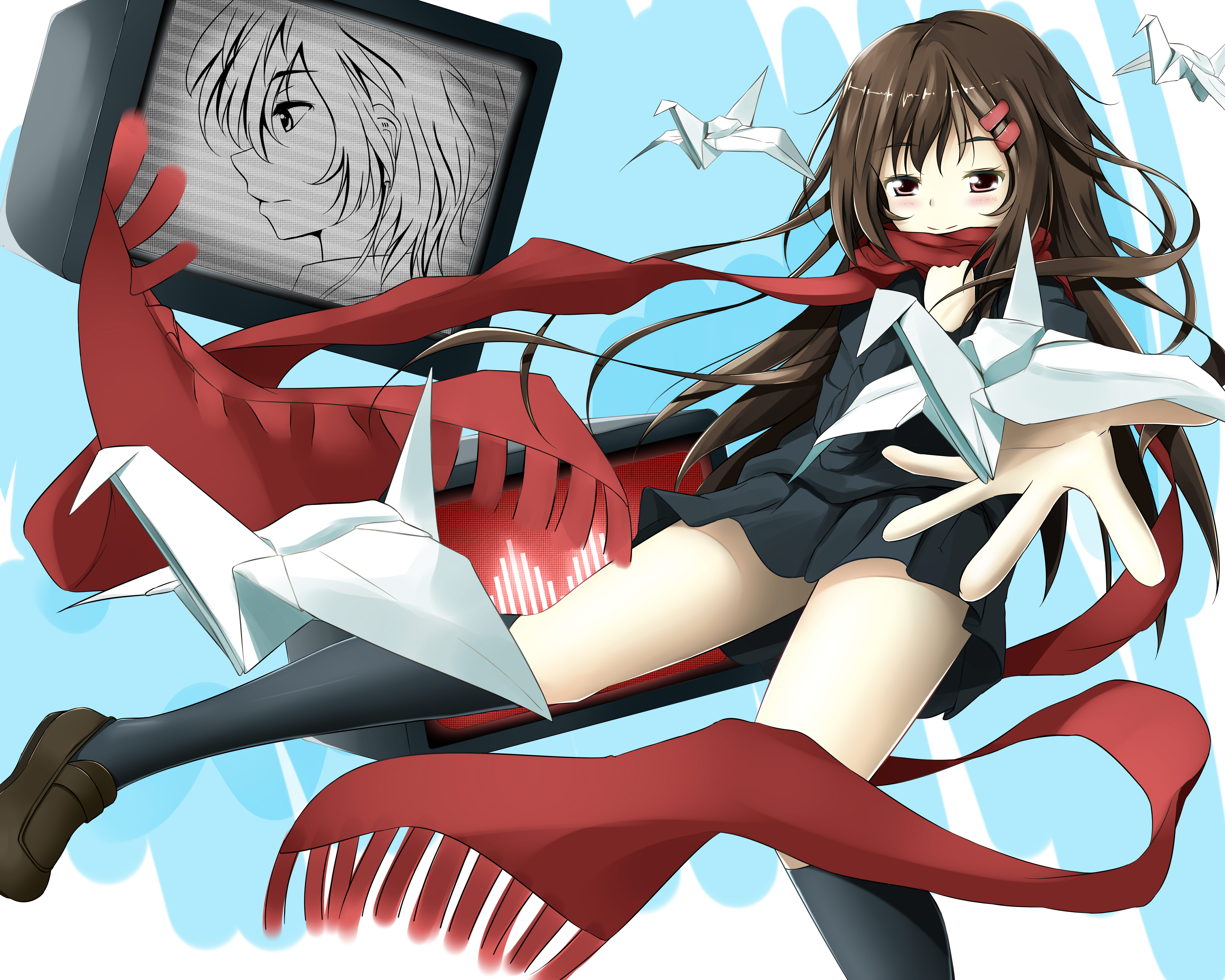 Ayano Tateyama with origami cranes and TV screen HD Wallpaper