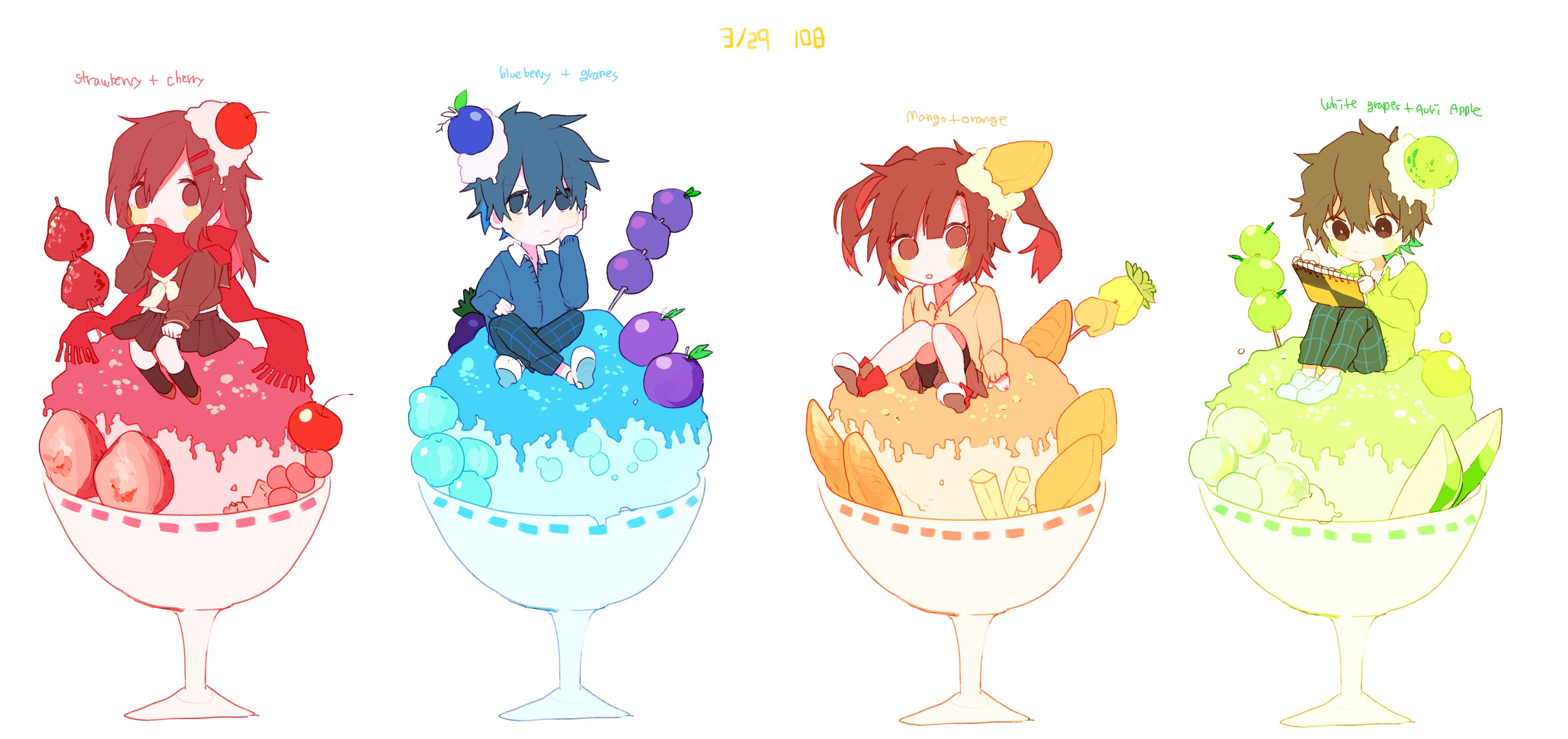Four anime characters in dessert cups HD Wallpaper