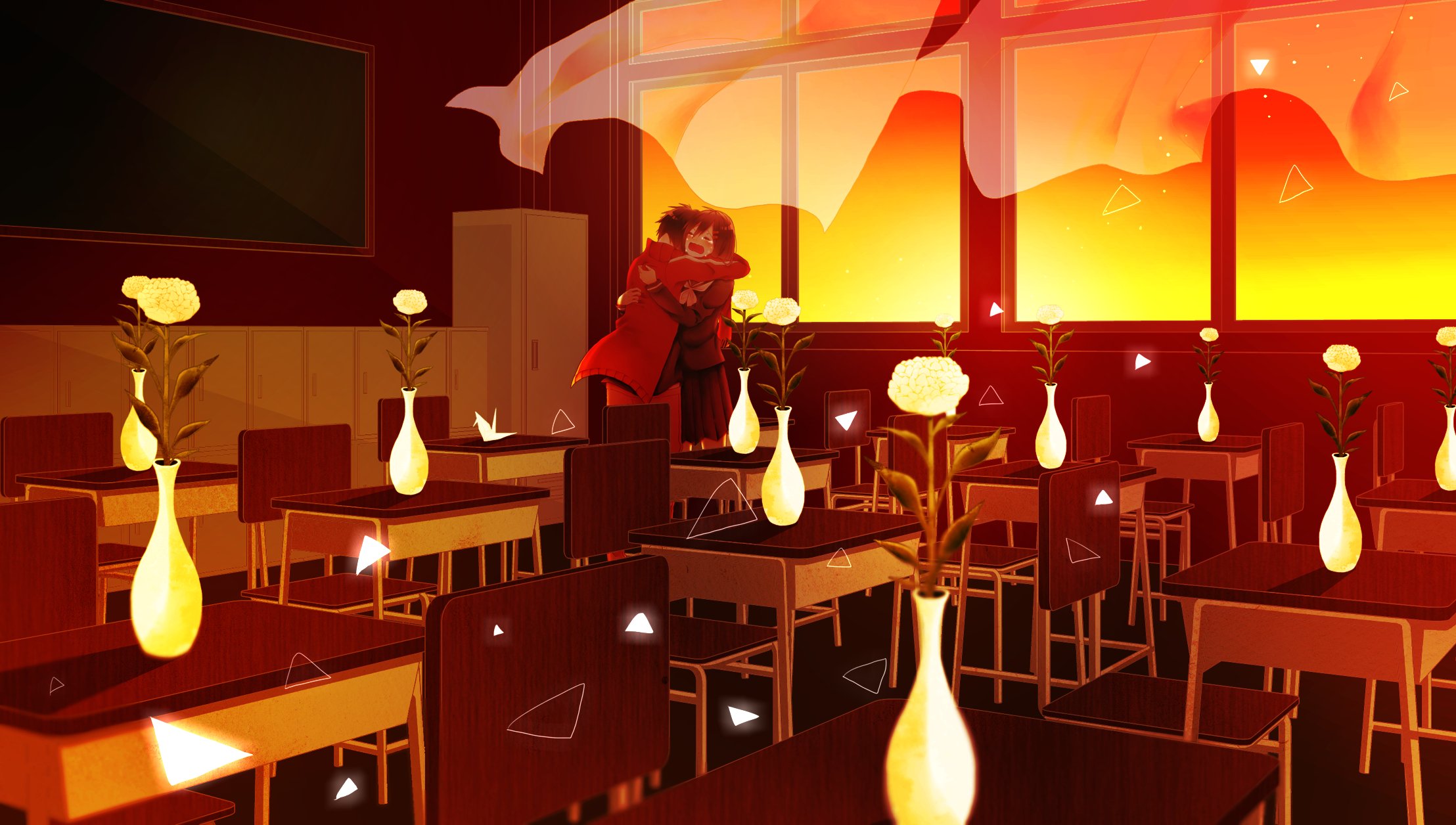 Ayano Tateyama in a classroom with flowers HD Wallpaper